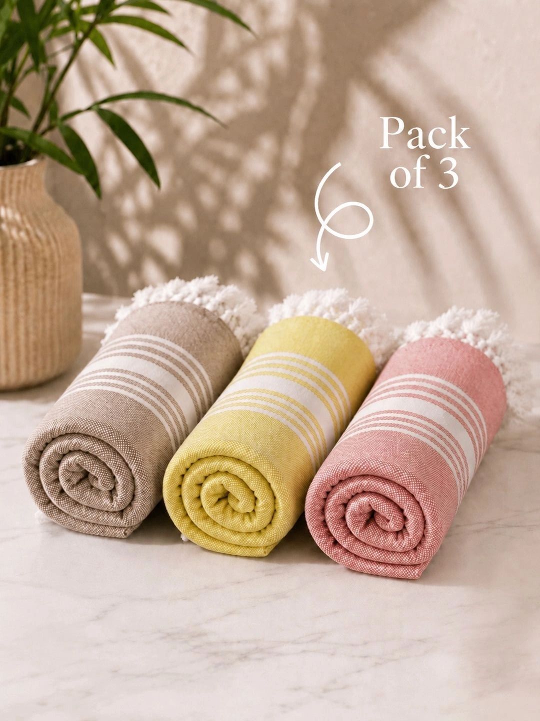 Triani Pink & Yellow 1 Striped Bamboo 225 GSM Bath Towel-image-35