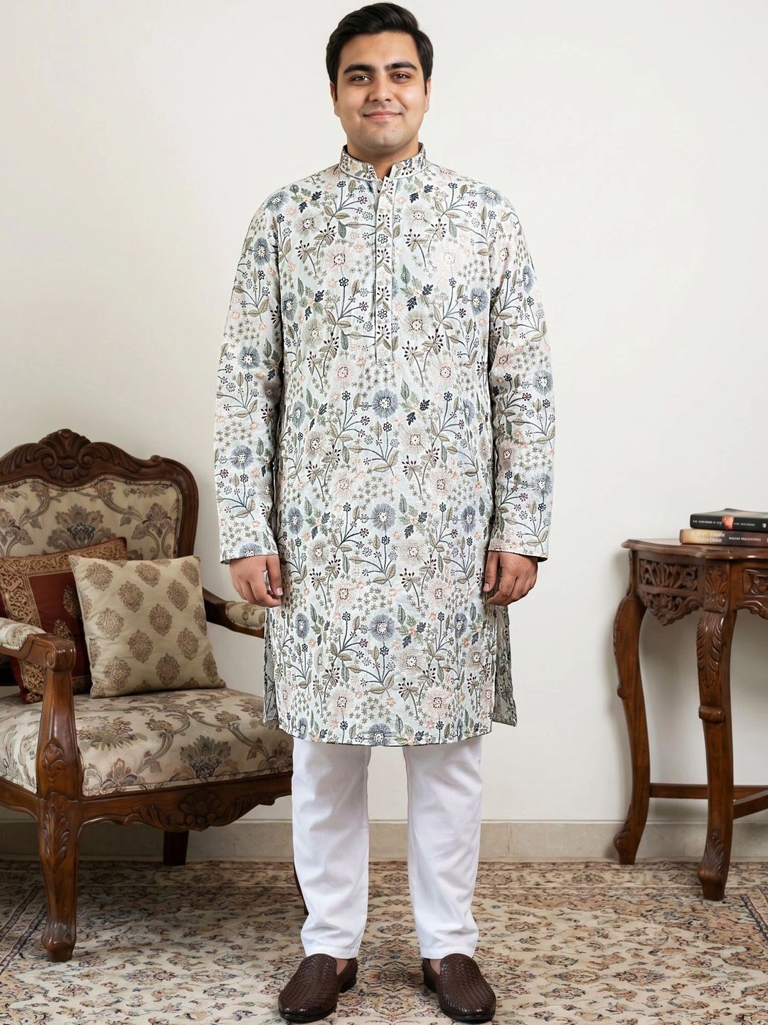 Jompers Men Floral Embroidered Regular Thread Work Kurta with Pyjamas-picture-21
