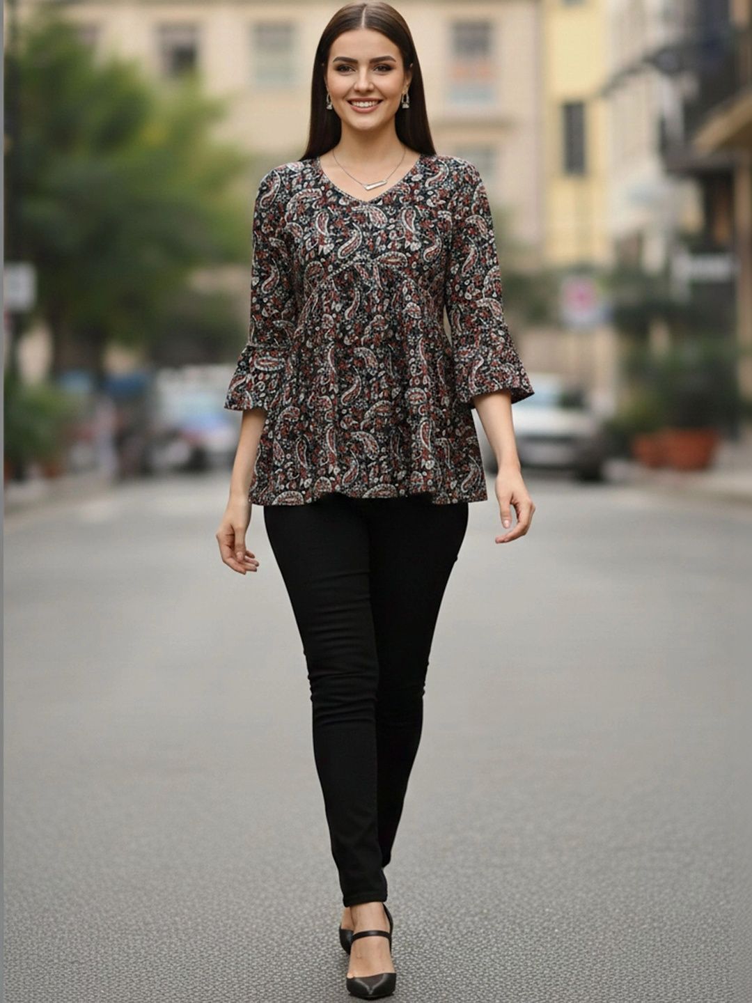 Moda Rapido Paisley Printed V-Neck Flared Sleeves Pure Cotton Blend Kurti-picture-39