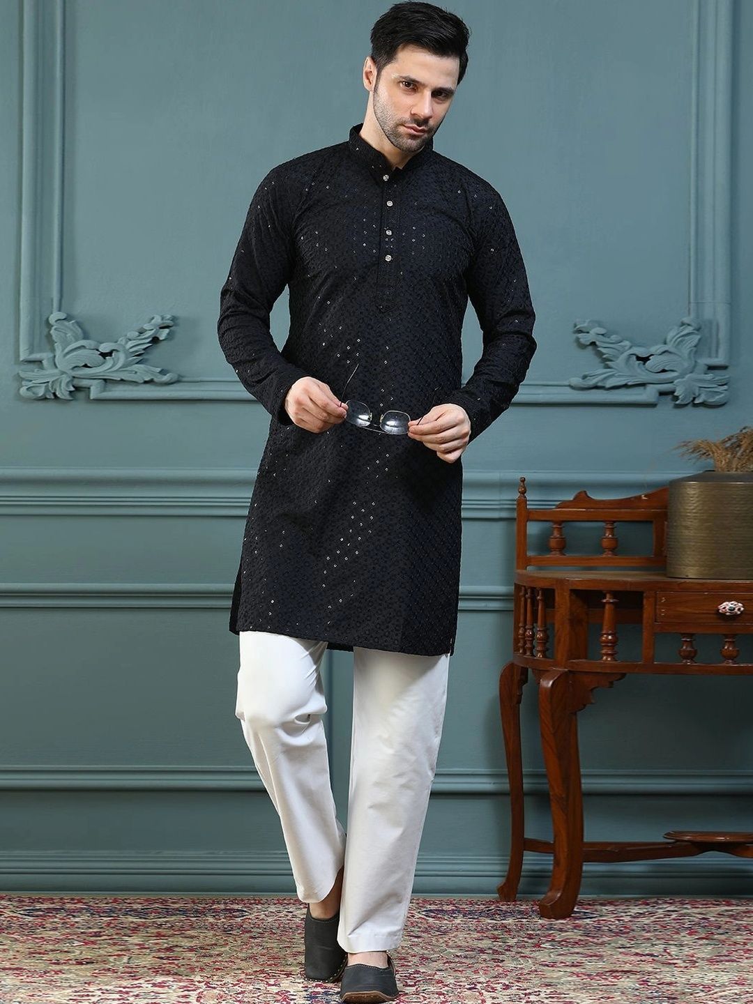 ALMORA Men Embellished Sequinned Handloom Kurta-picture-14