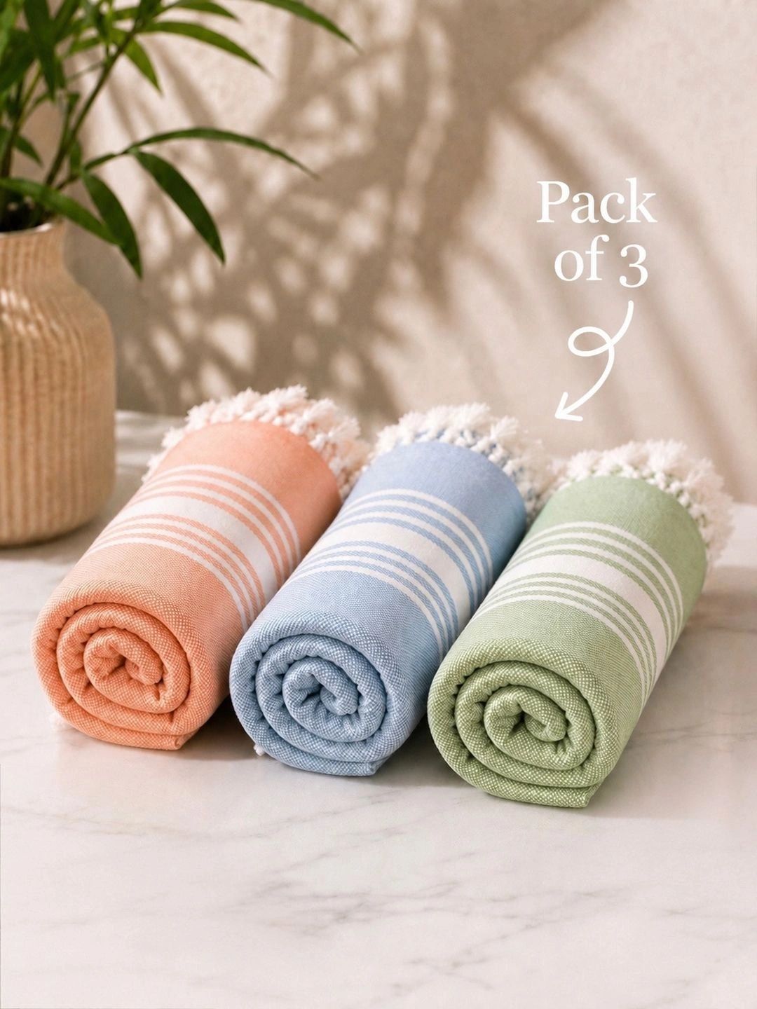 Triani Peach-Coloured & Blue 1 Striped Bamboo 225 GSM Bath Towel-picture-48