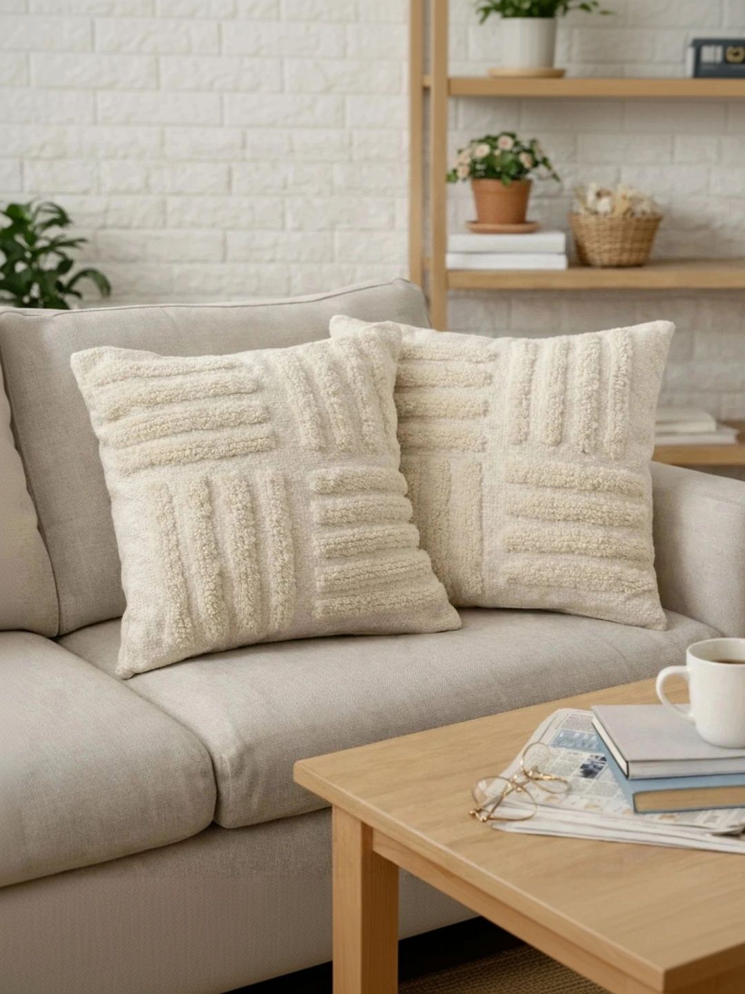 GURMISHEE Cream-Coloured Set of 2 Geometric Square Cushion Covers-picture-1