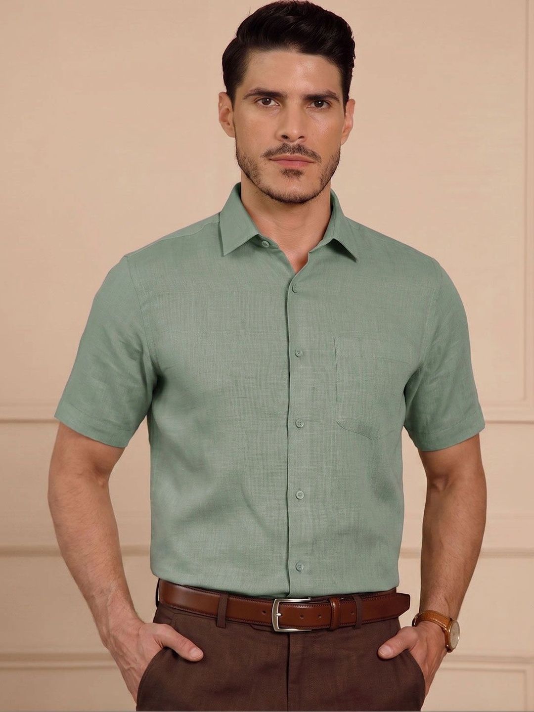 THE FORMAL CLUB Sage Green Pure Linen Spread Collar Shirt-picture-23