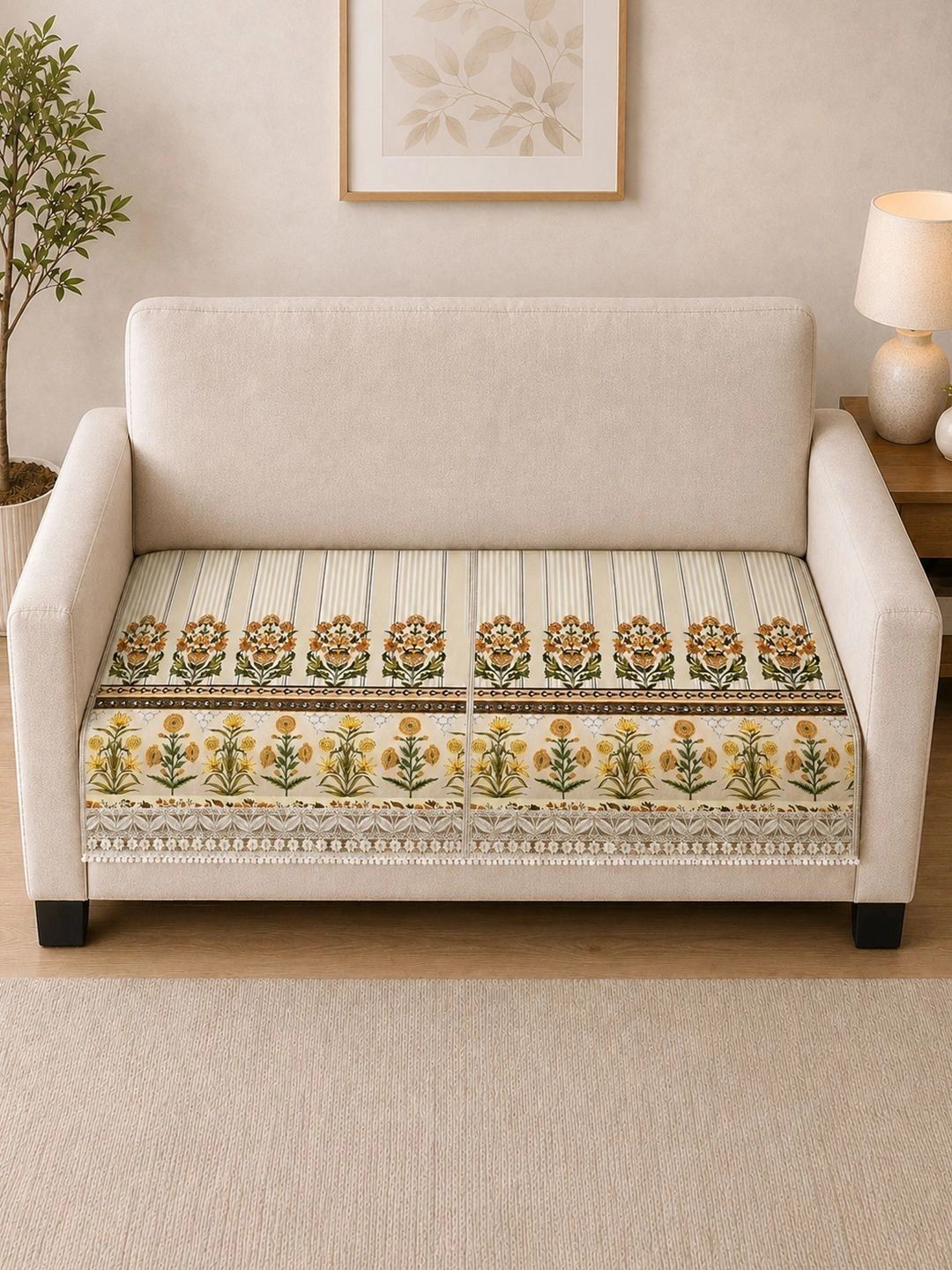 The Home Story Cream-Coloured & Gold-Toned Printed 1 Piece Sofa Cover Without Arms-picture-24