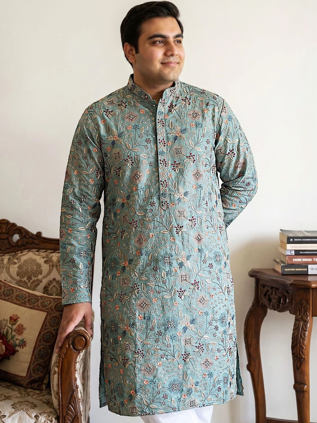 Jompers Men Floral Embroidered Regular Thread Work Kurta with Pyjamas-picture-19