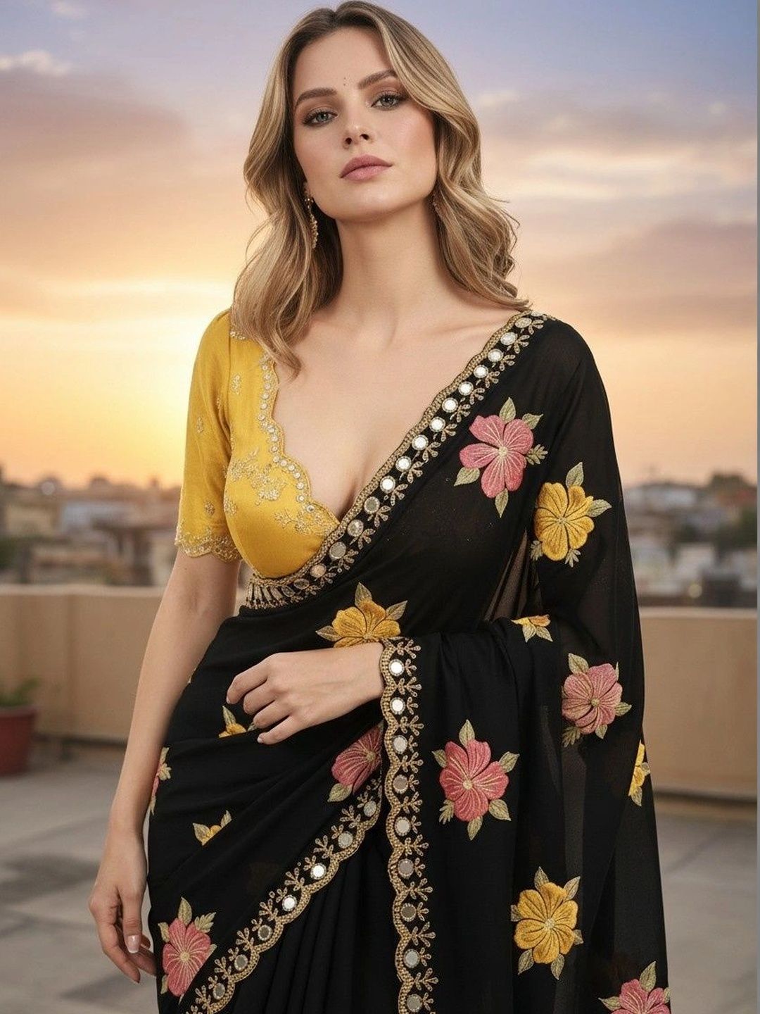Sangria Floral Mirror Work Poly Georgette Designer Leheriya Saree-image-19
