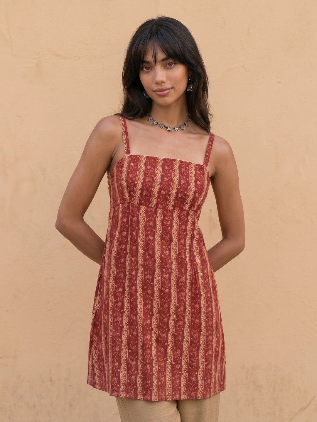 fusion by glitchez Floral Printed Shoulder Straps Smocked A-Line Kurti-picture-30