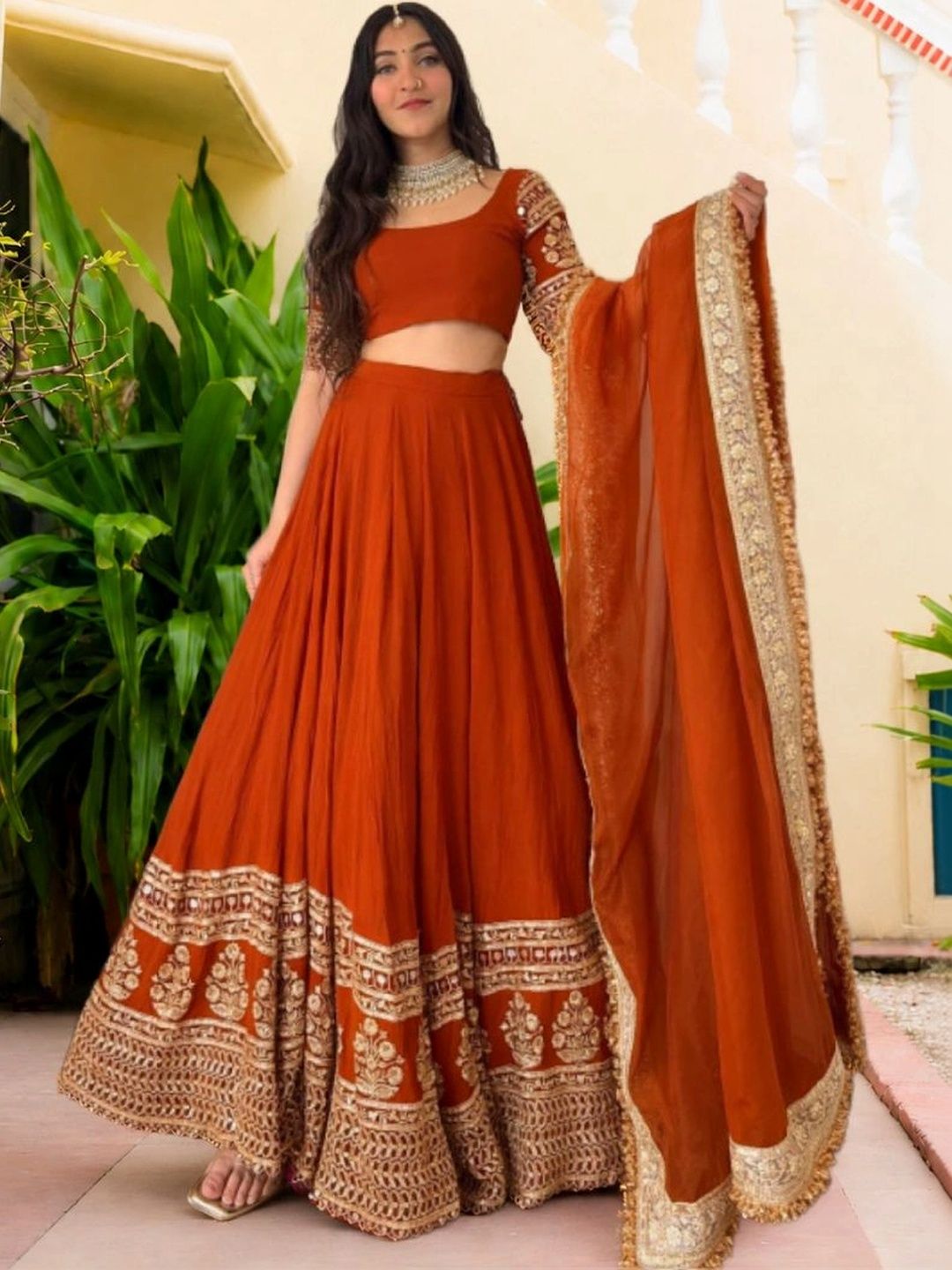 House of Pataudi Embroidered Thread Work Semi-Stitched Lehenga & Unstitched Blouse With Dupatta-picture-18