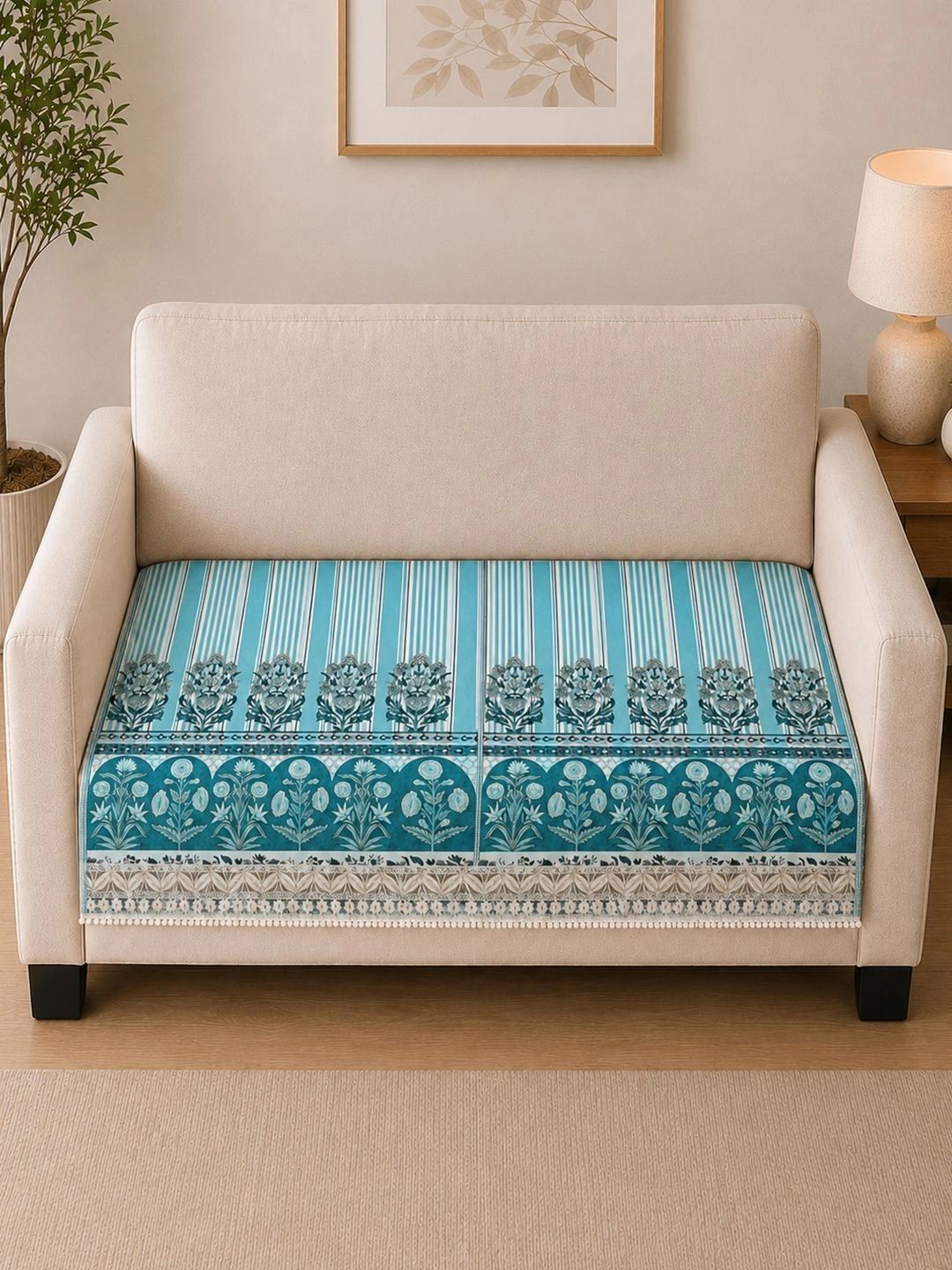 Clasiko Blue Printed 1 Piece Sofa Cover Without Arms-picture-15