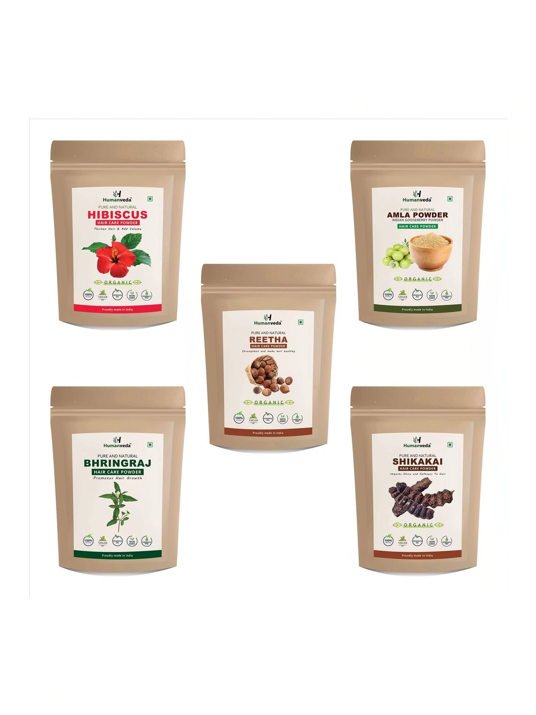 HUMANVEDA Set Of 5 Amla Hibiscus Bhringraj Shikakai & Reetha Powder - 100 g Each-image-32