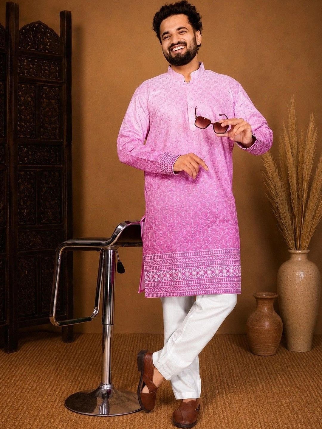 House of Pataudi Men Embellished Chikankari Kurta-picture-51