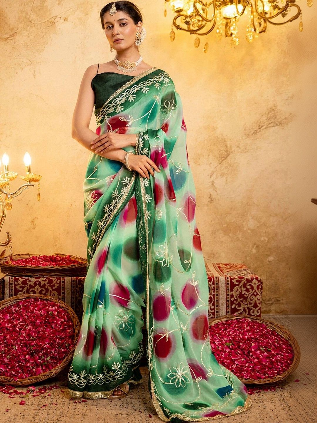 Satrani Tie and Dye Embroidered Pure Georgette Saree-picture-39