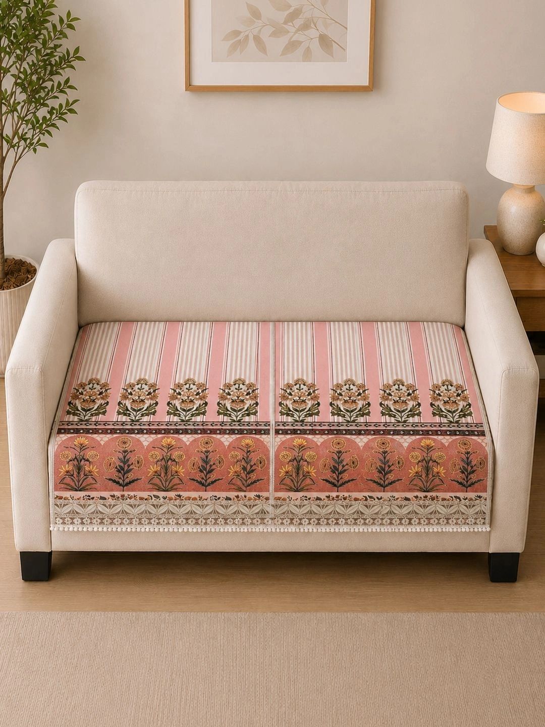 Aura Coral & Pink Printed 1 Piece Sofa Cover Without Arms-image-32