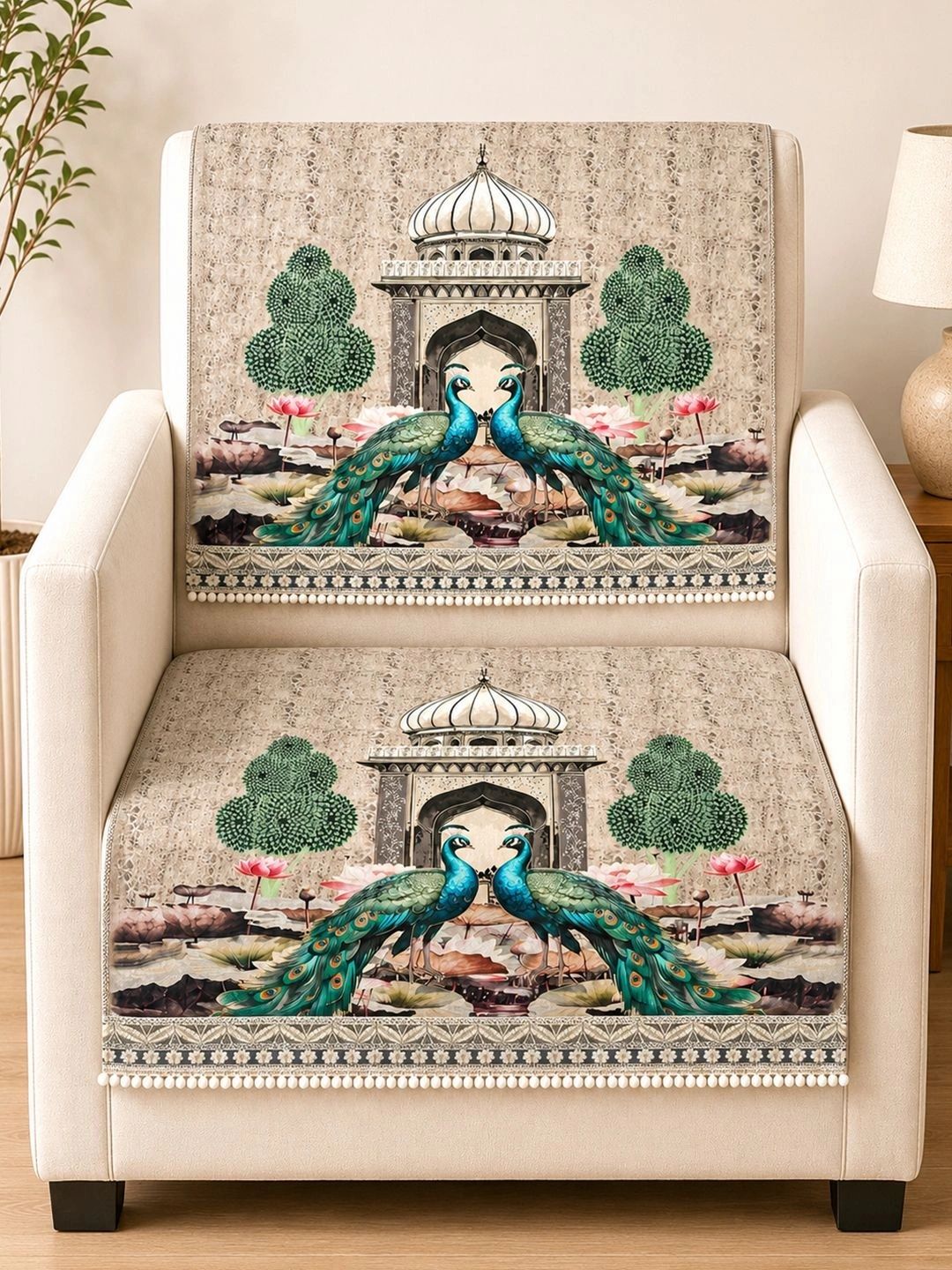 Aura Cream-Coloured & Beige Printed 2 Piece Sofa Cover Without Arms-picture-17