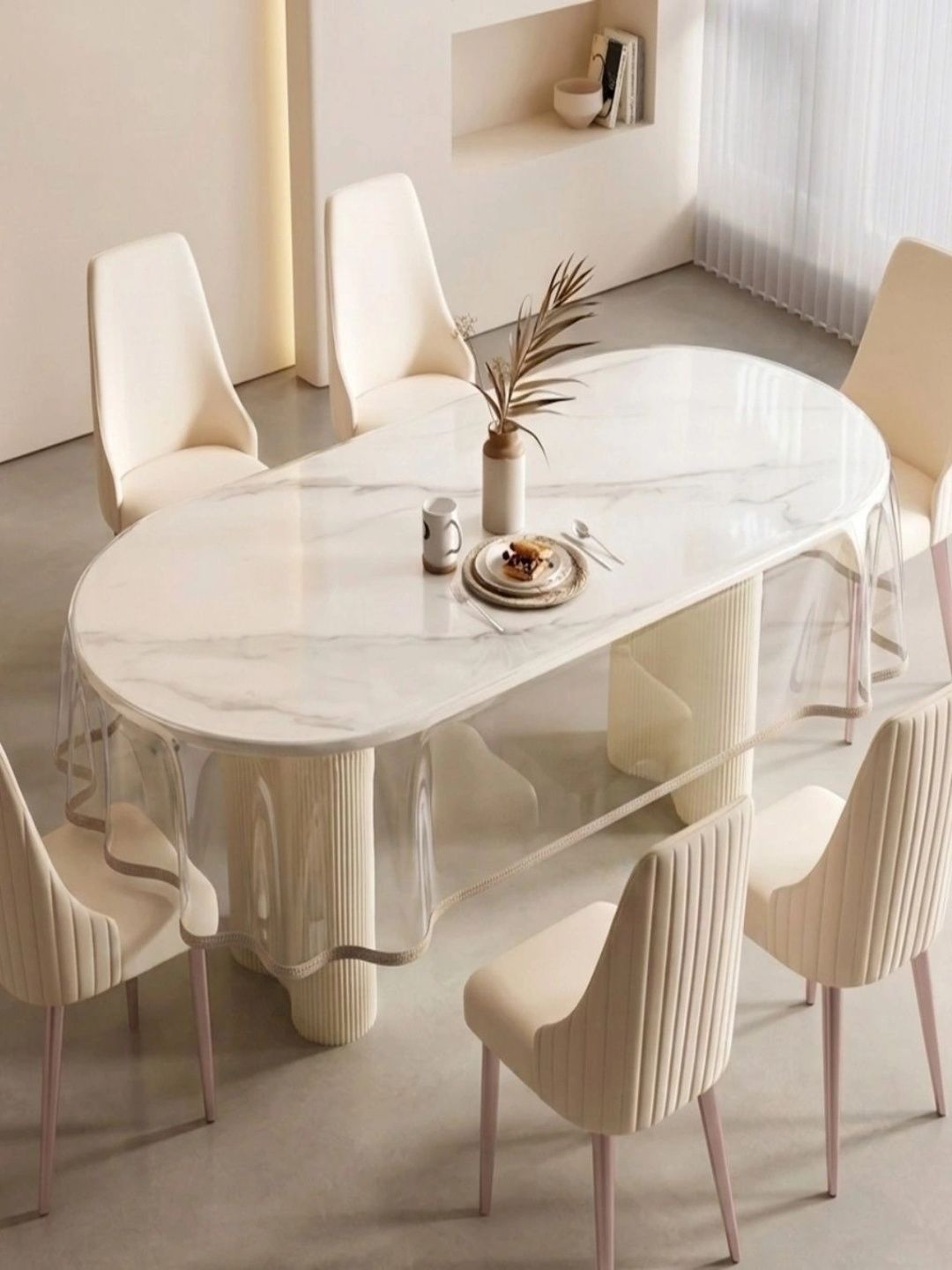 vstucart Beige Waterproof Oval 6-Seater Table Cover with Textured details-image-29