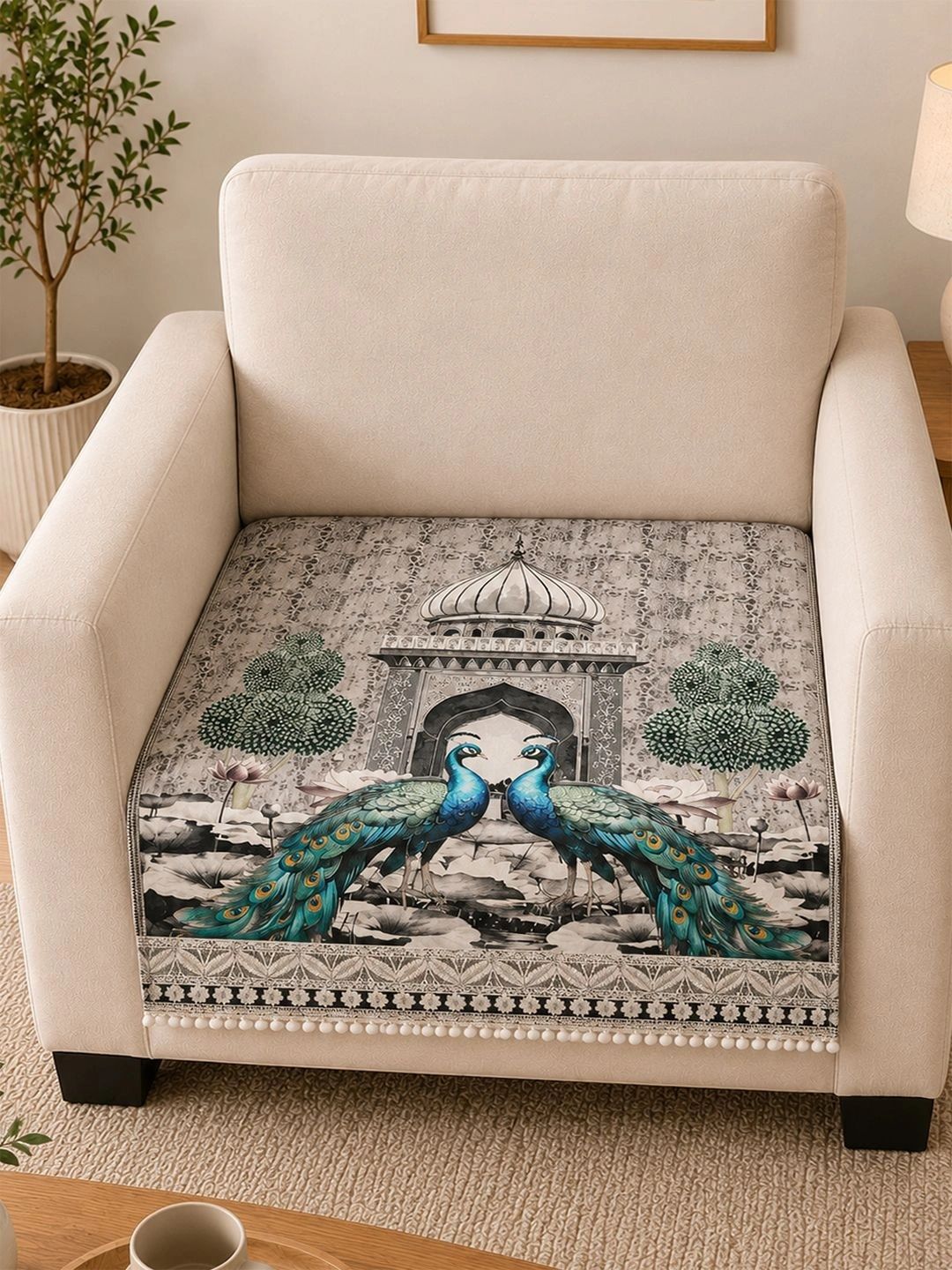 Clasiko Silver-Toned Printed 1 Piece Sofa Cover Without Arms-image-47