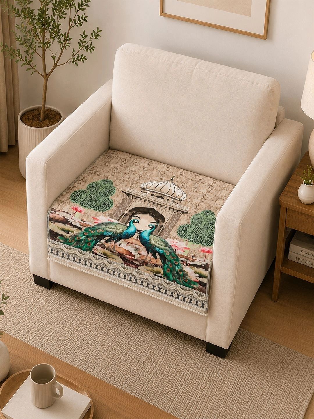 The Home Story Cream-Coloured & Beige Printed 1 Piece Sofa Cover Without Arms-picture-27