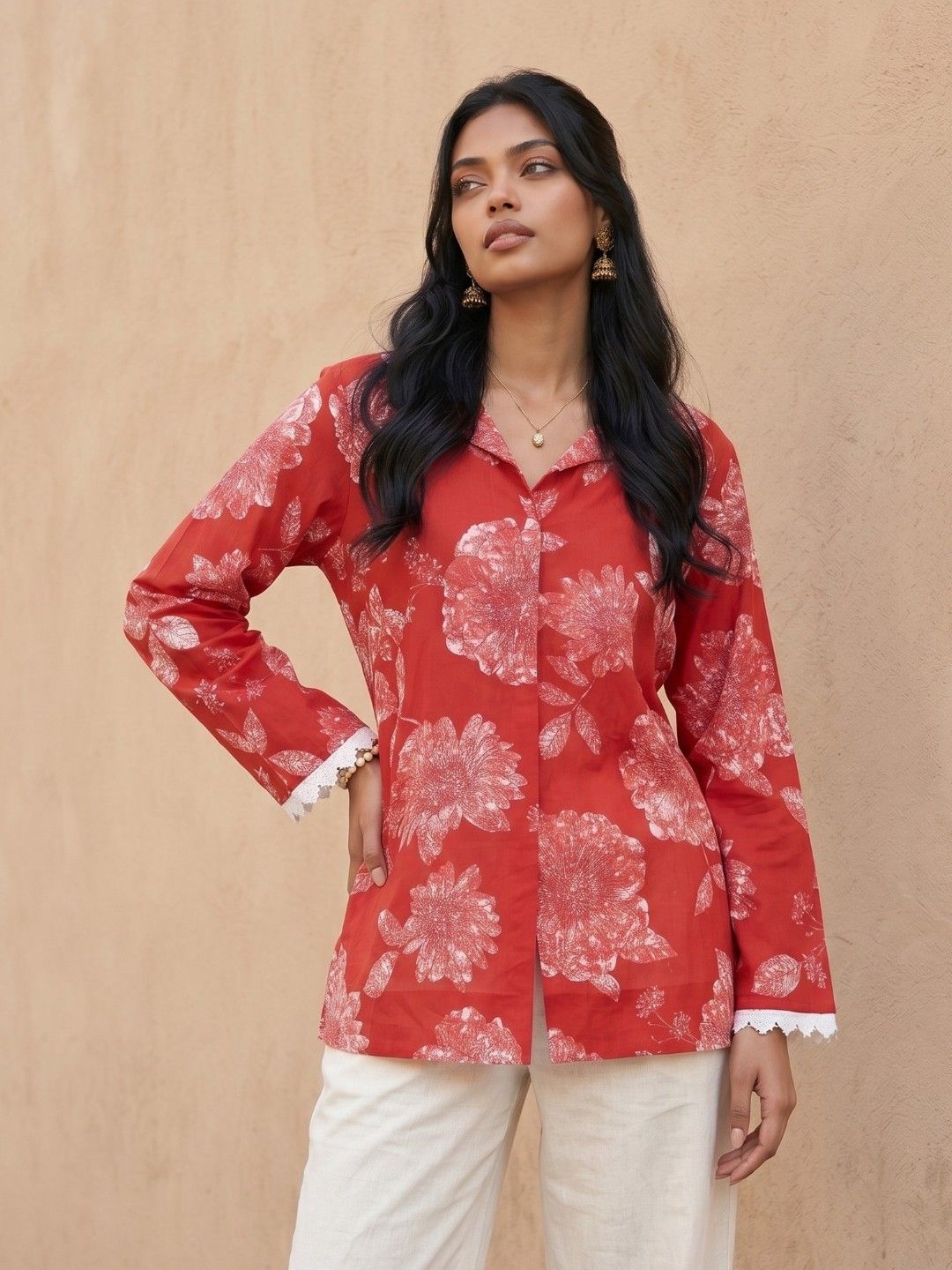 fusion by glitchez Floral Printed Shirt Collar Pure Cotton A-Line Kurti-picture-23