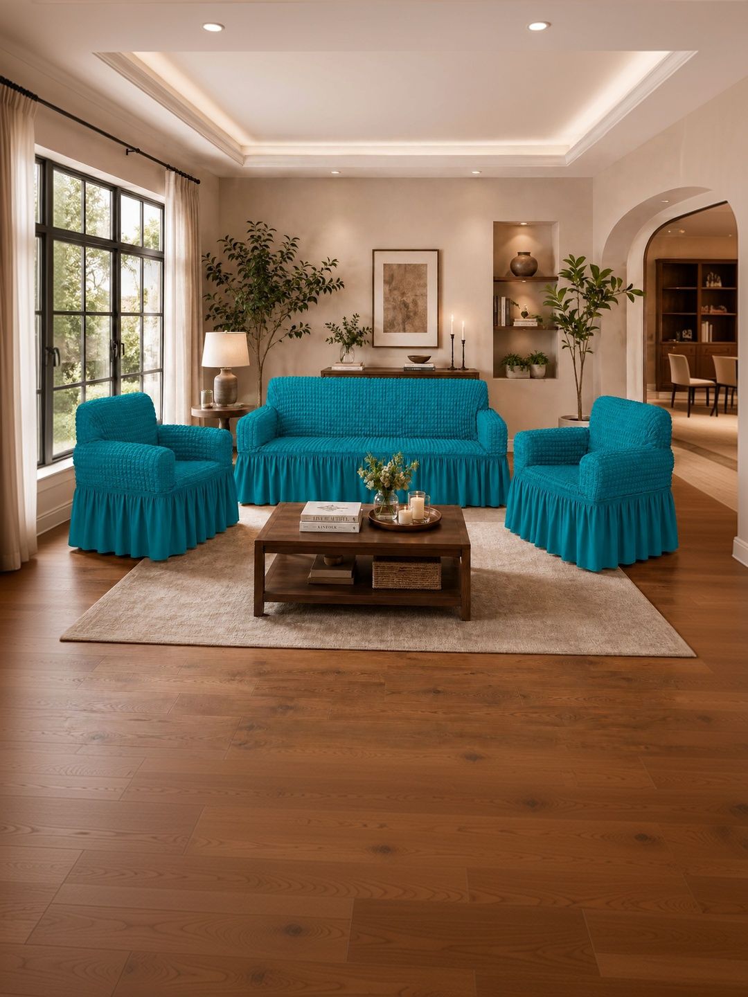 Furshine Turquoise Blue Polyester Blend 3 Piece Sofa Cover With Arms-picture-35