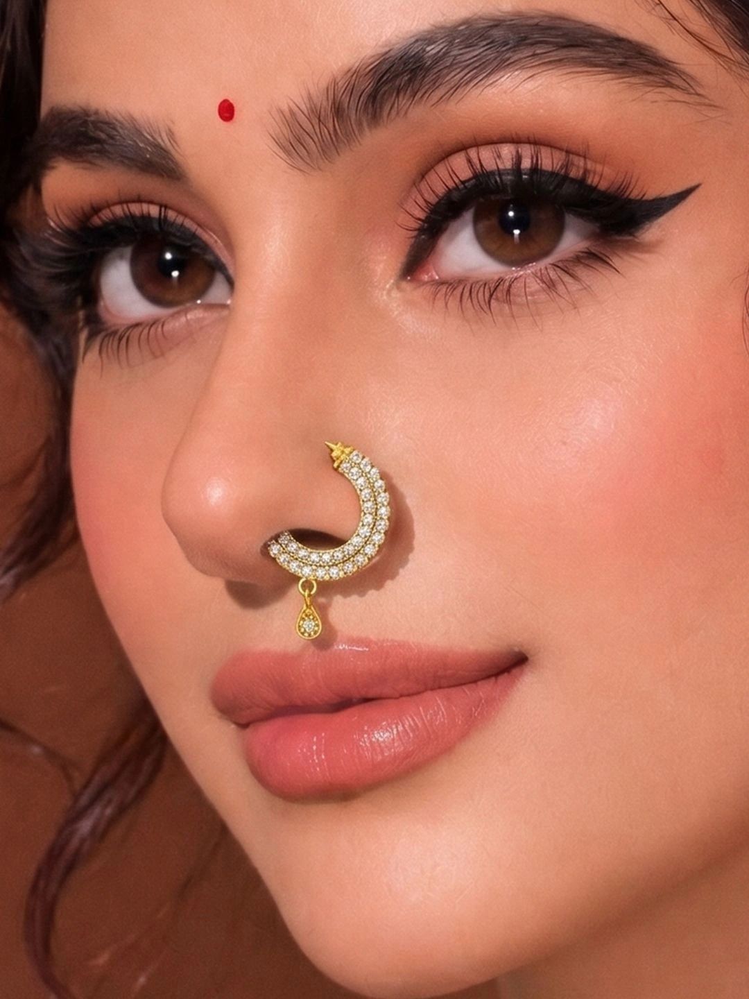 ADIVA Gold-Plated Round White AD Stone Drop Charm Nose Ring-picture-30