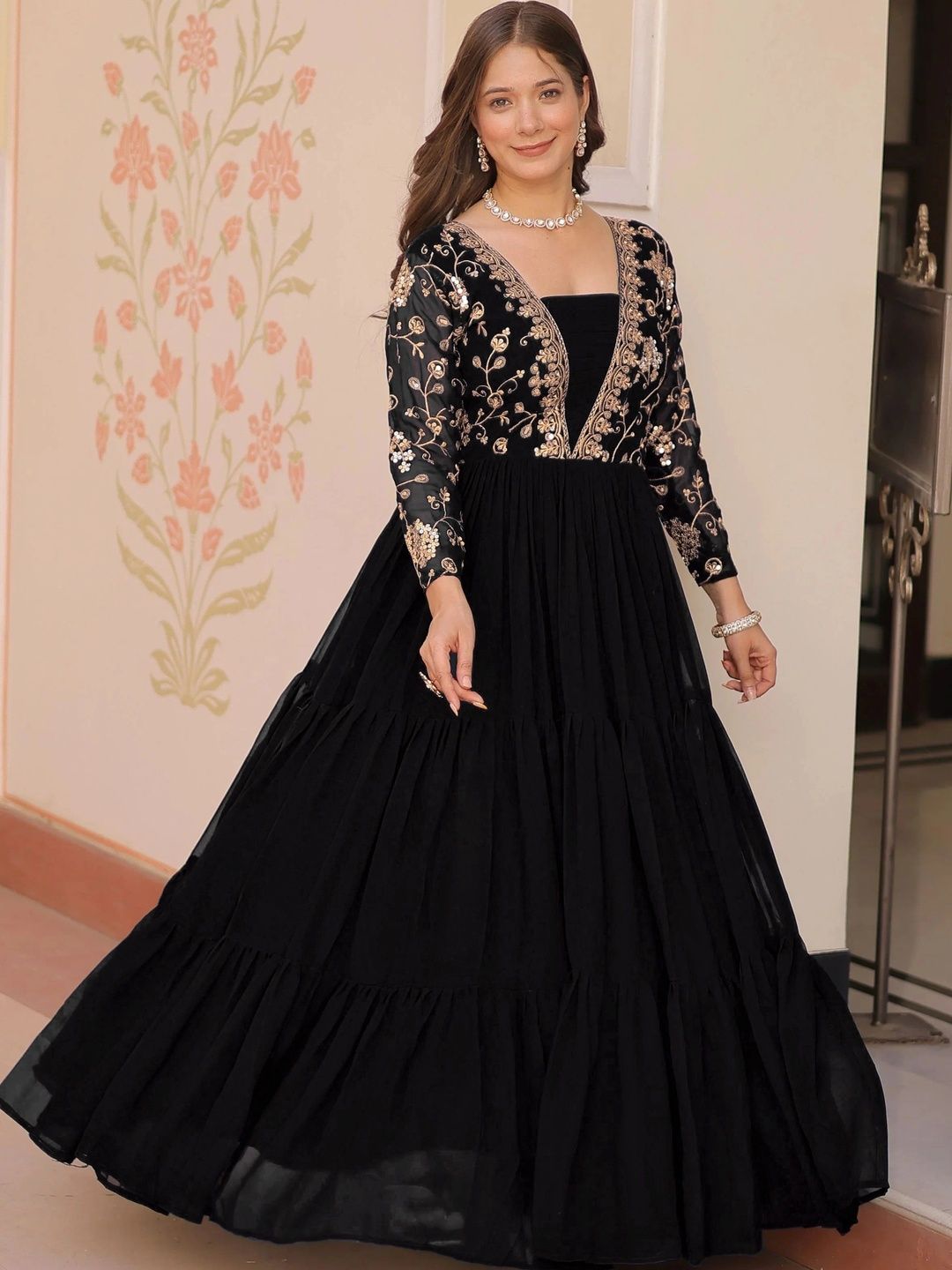 KALINI Embroidered V-Neck Maxi Ethnic Dresses-image-15