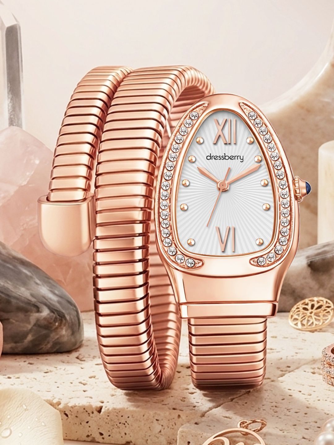 DressBerry Women Embellished Dial & Stainless Steel Straps Analogue Watch HOBDB-786RG-WH