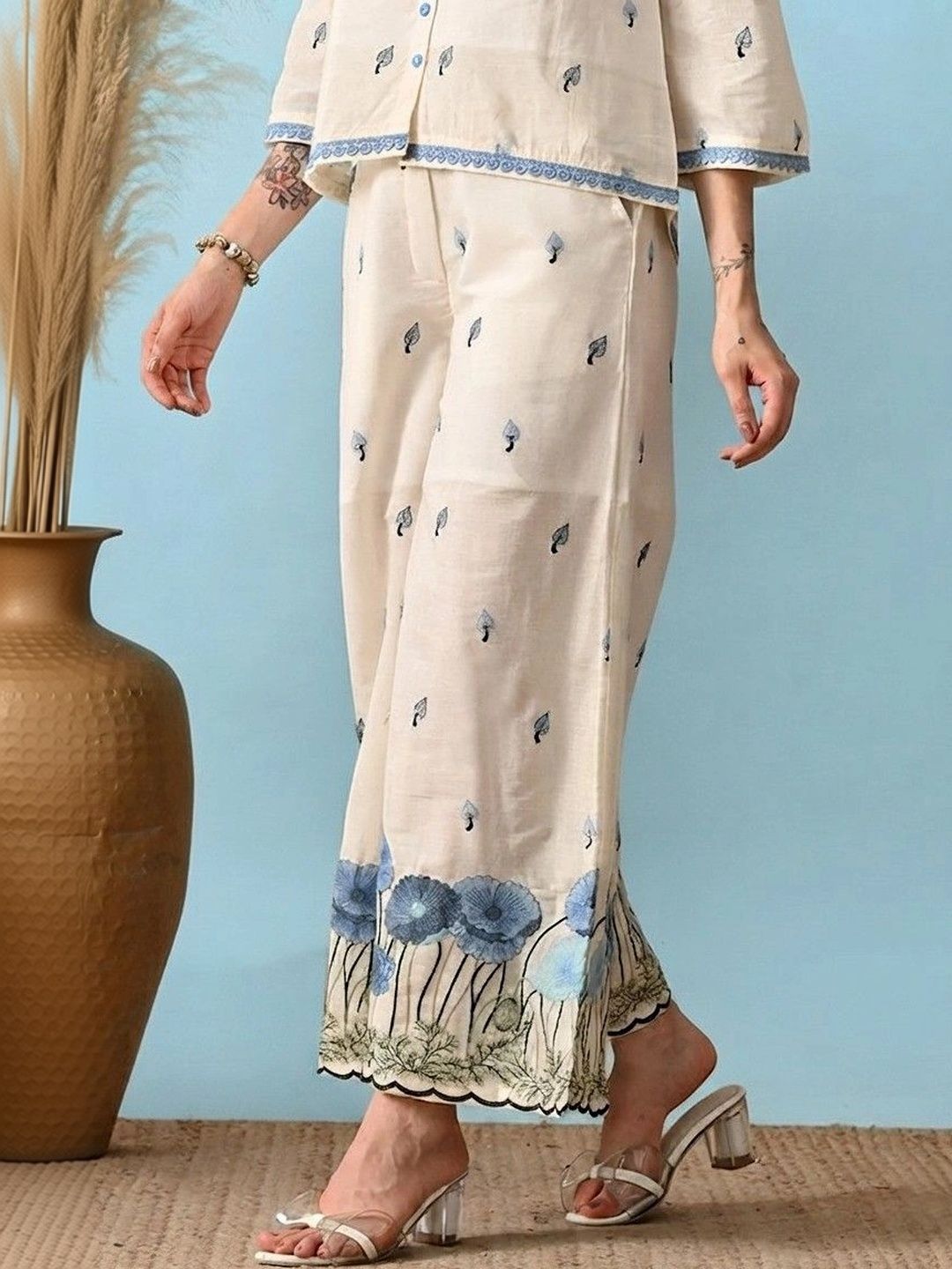 KALINI Women Floral Embroidered Smart Flared Easy Wash Trousers-image-10