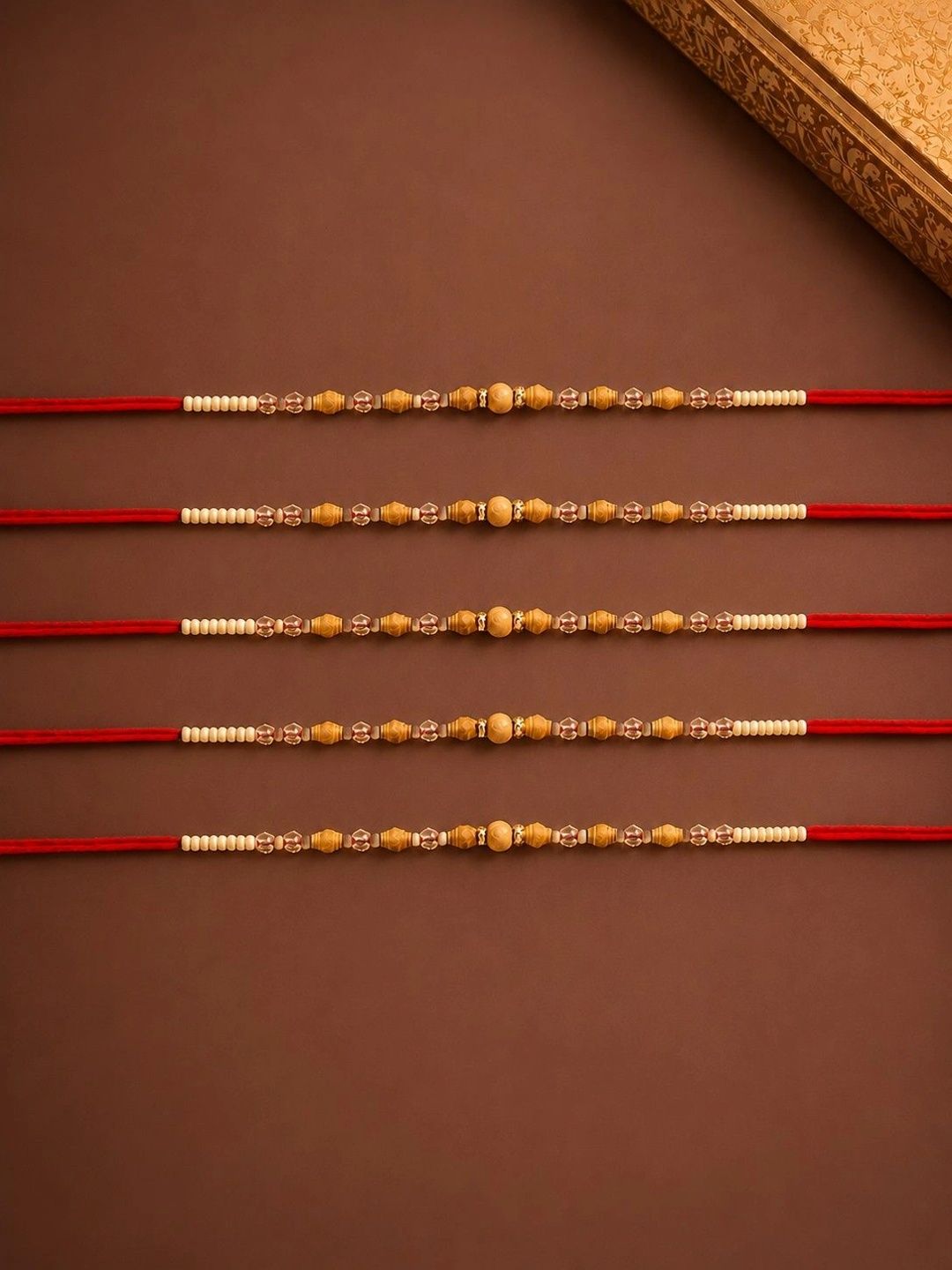 RHOSYN Set Of 5 Wooden Bead Rakhi with Roli Chawal & Greeting Card-picture-14