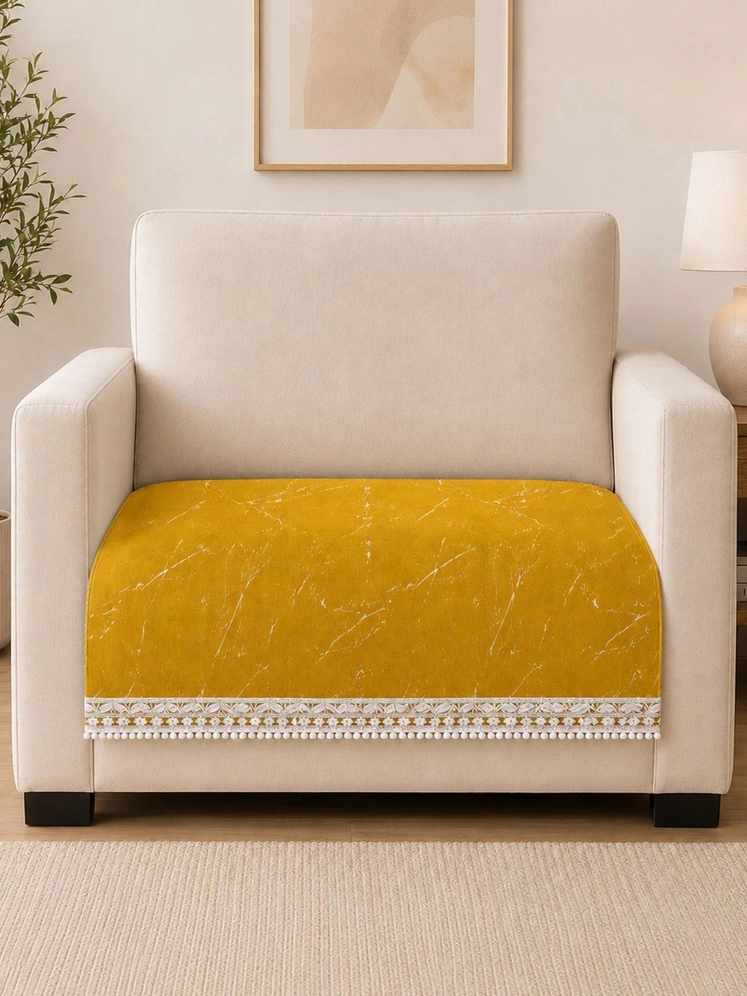Aura Mustard & Gold-Toned Printed 1 Piece Sofa Cover Without Arms-picture-27