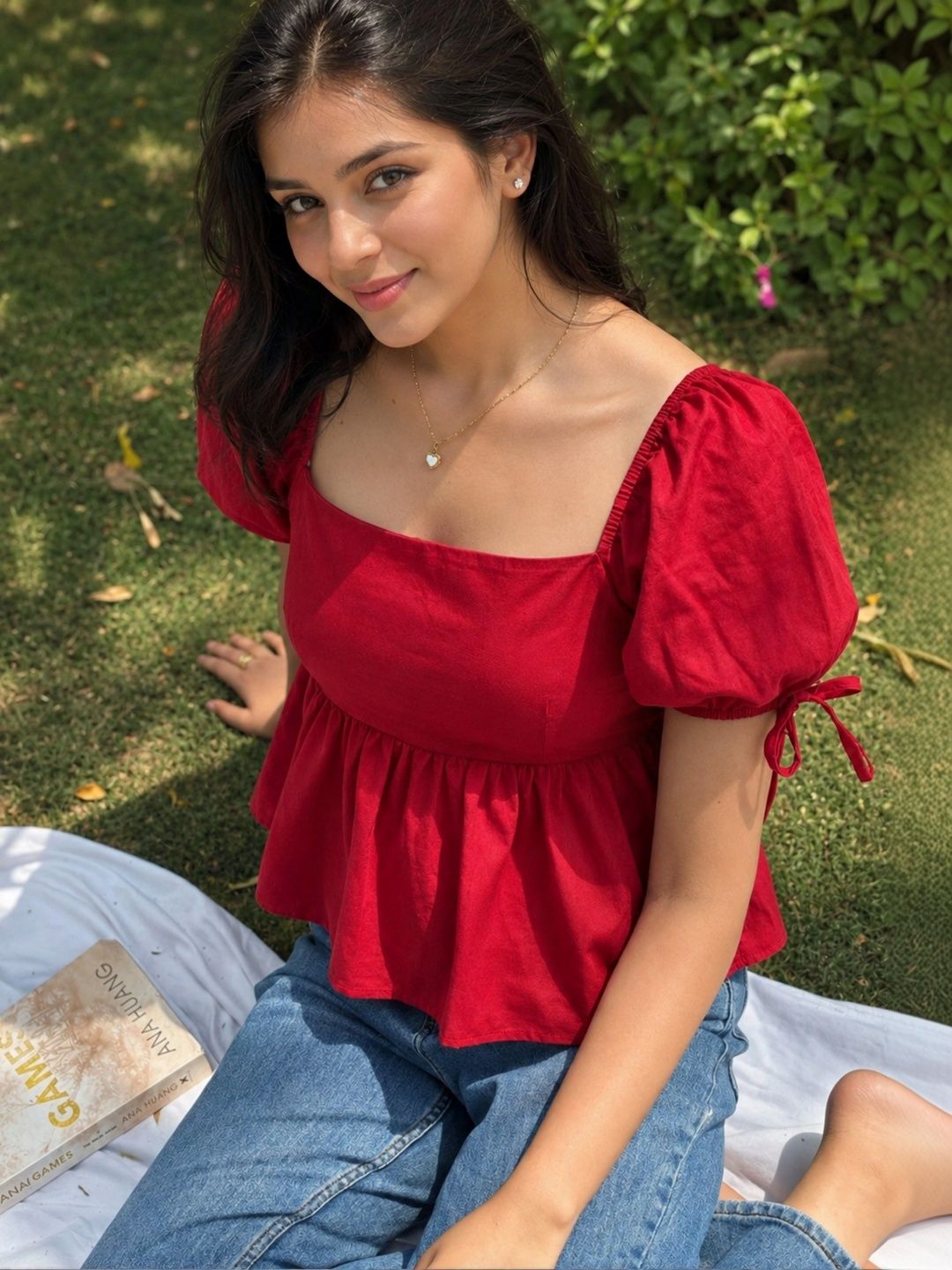 SHIONS Puff Sleeve Cotton Blend Peplum Top-picture-22