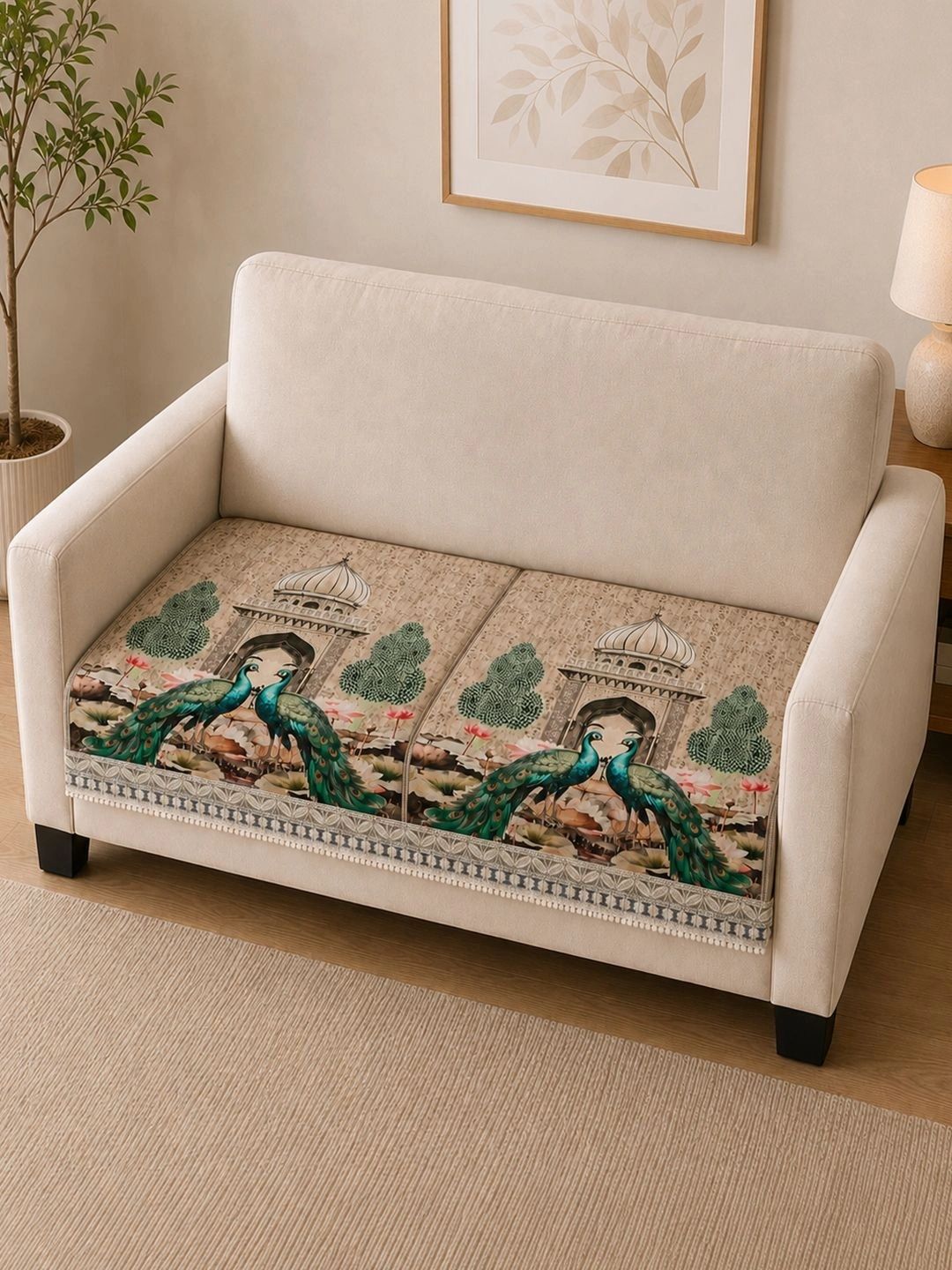 Myntra Elegant Homes Cream-Coloured & Beige Printed 1 Piece Sofa Cover Without Arms-picture-31