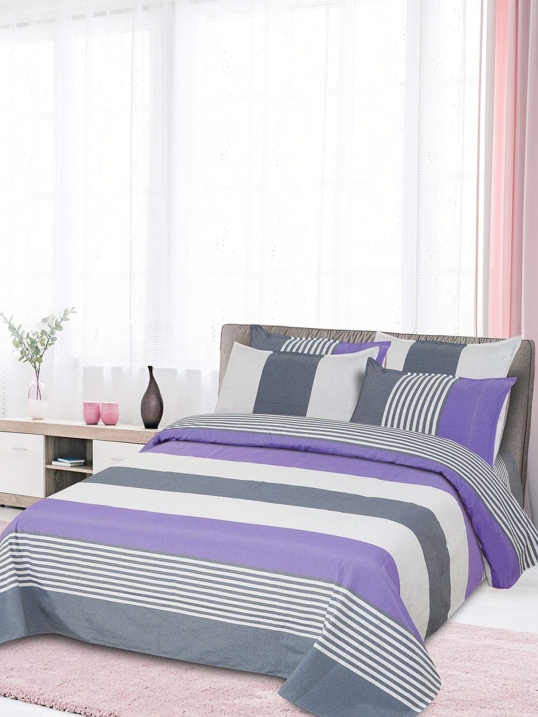 MULTITEX 3-Pcs Purple Striped Pure Cotton Double Bed - King Bed Covers-picture-9
