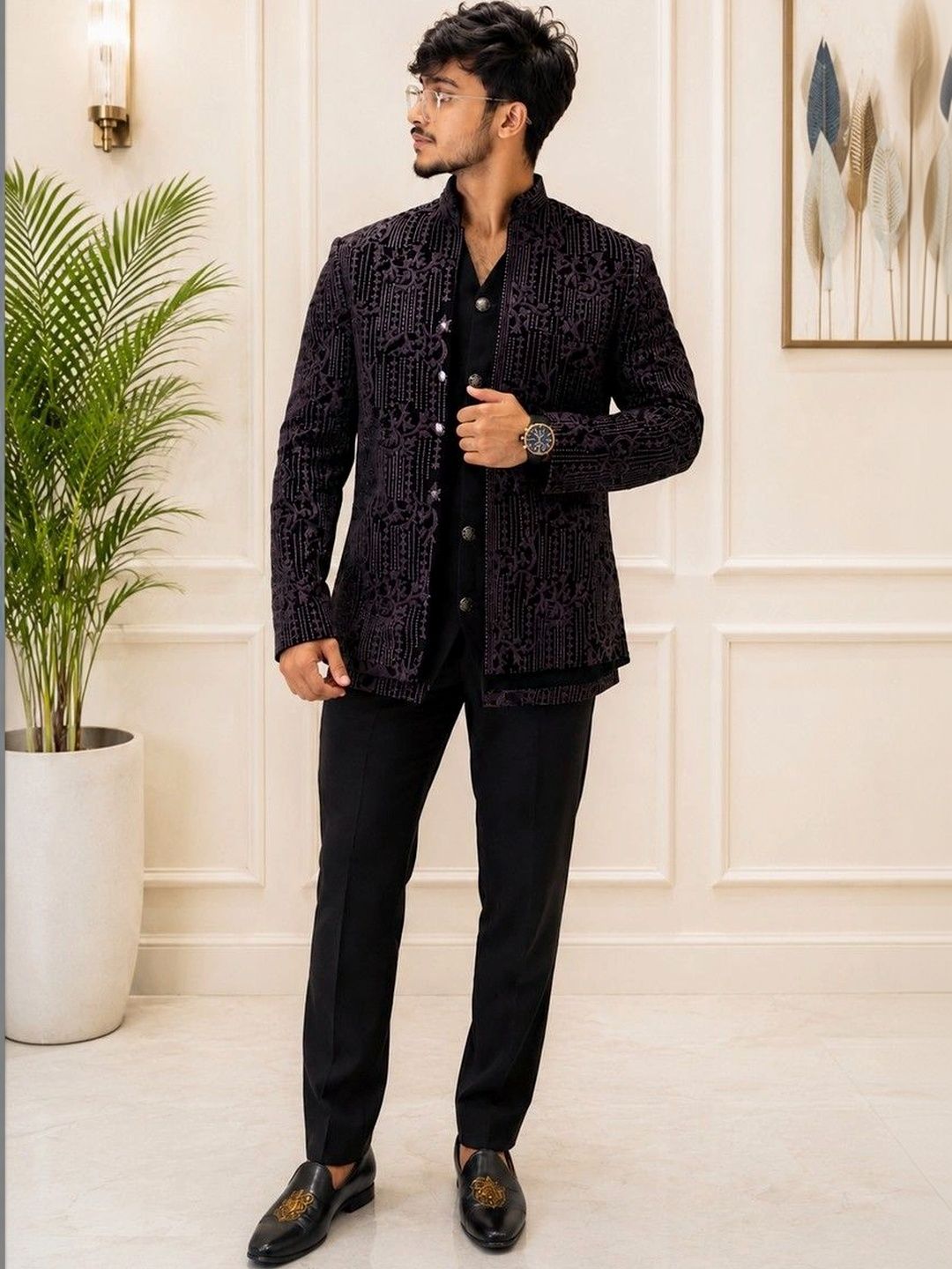 House of Pataudi Self Design Embroidered Bandhgala Sherwani Set-image-17