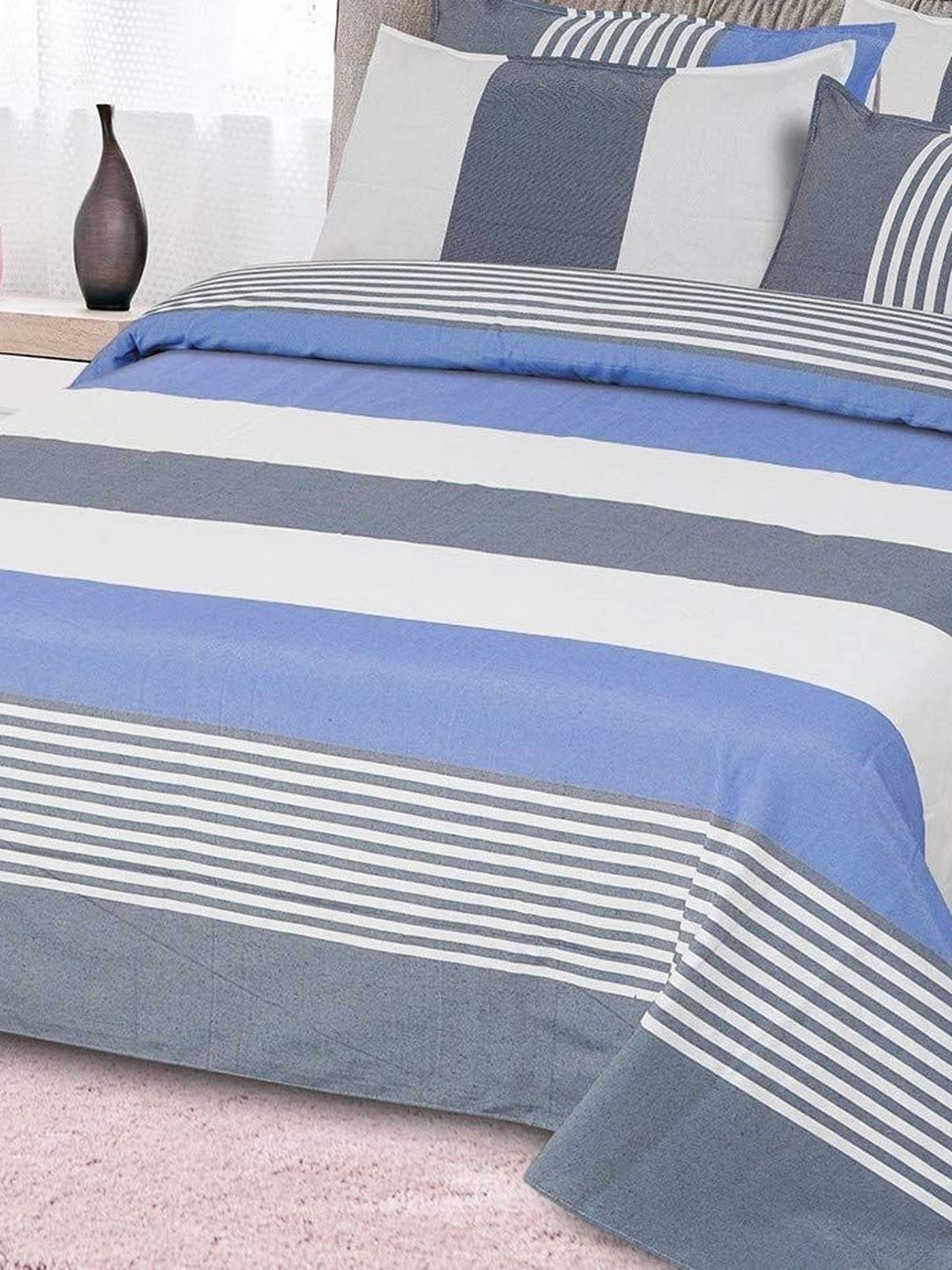MULTITEX 3-Pcs Grey & Blue Striped Pure Cotton Double Bed - King Bed Covers-picture-10
