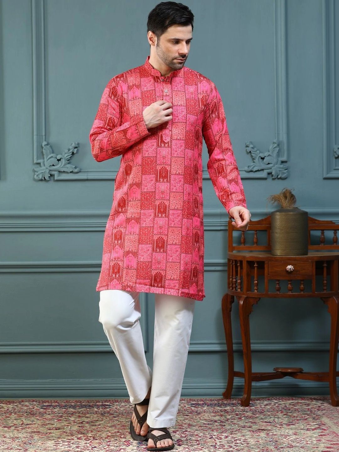 ALMORA Men Ethnic Motifs Printed Regular Pure Cotton Kurta with Pyjamas-picture-47