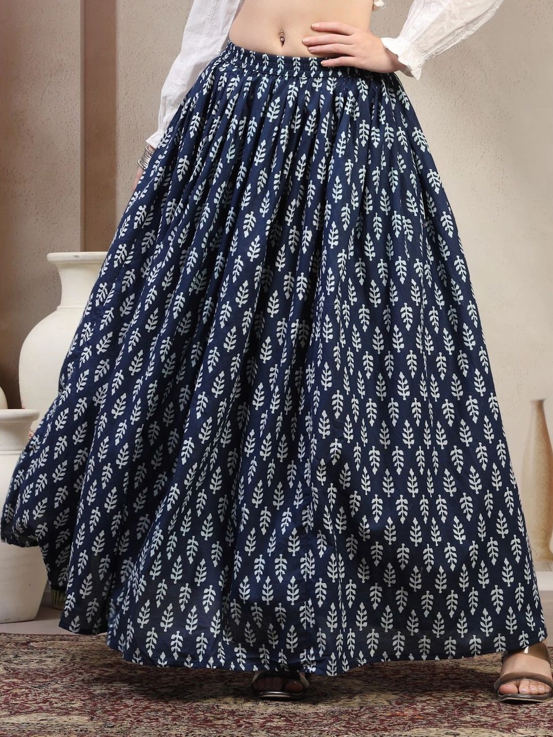 HERE&NOW Women Pure Cotton Blend Cotton Cambric Floral Maxi Flared Skirt-picture-36