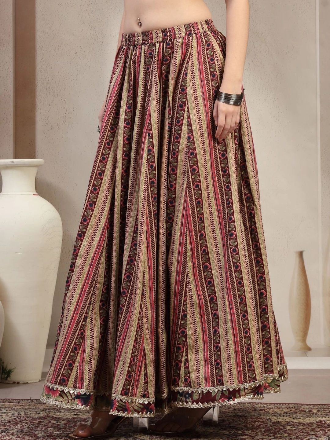 HERE&NOW Women Pure Cotton Blend Cotton Cambric Floral Bohemian Maxi Flared Skirt-image-37