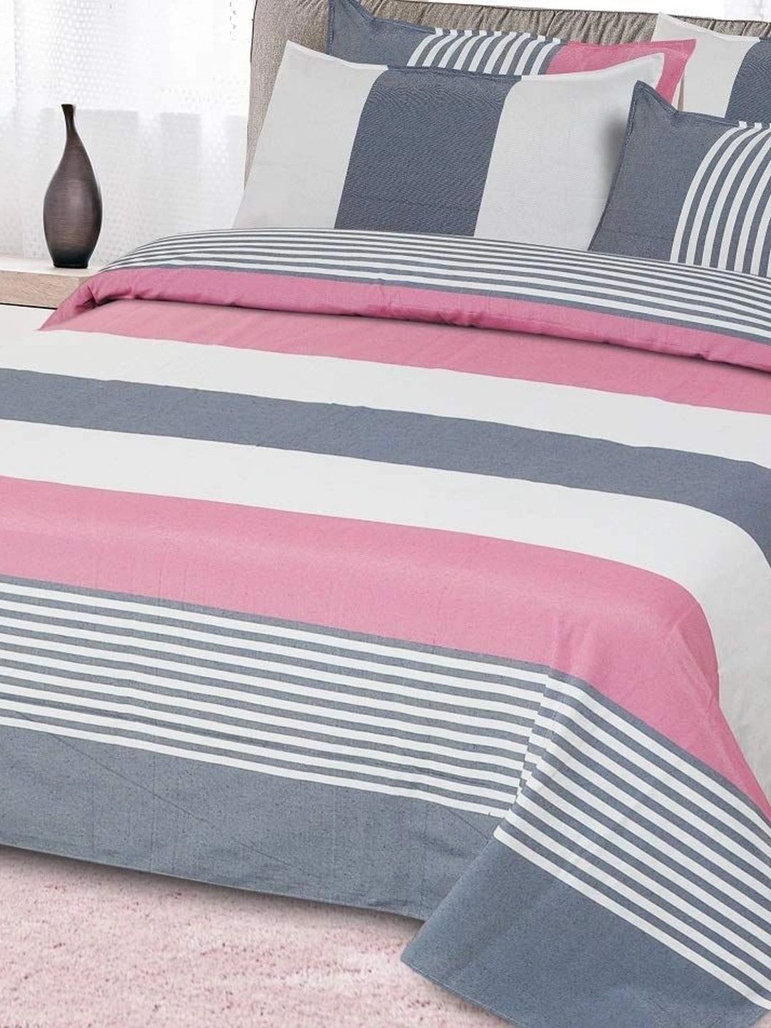 MULTITEX 3-Pcs Pink & Blue Striped Pure Cotton Double Bed - King Bed Covers-picture-1