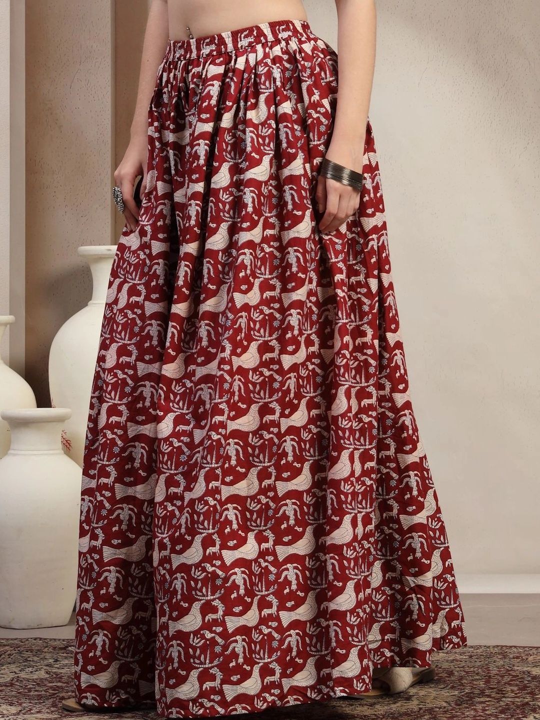 HERE&NOW Women Pure Cotton Blend Cotton Cambric Maxi Flared Skirt-picture-36