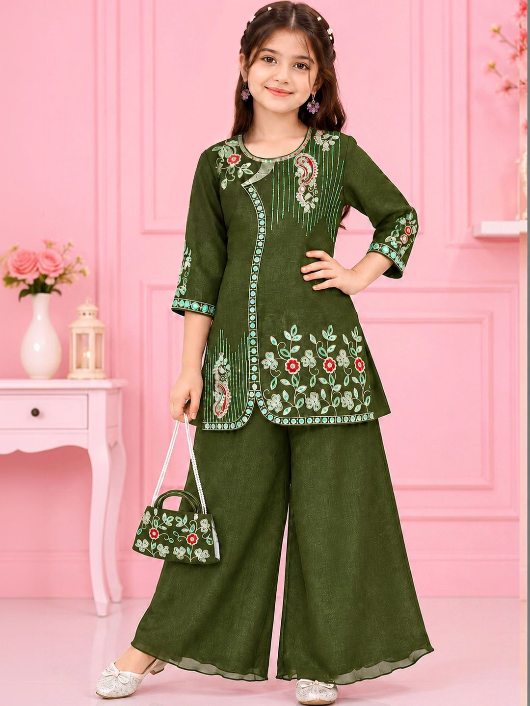 Jbegam Girls Ethnic Motifs Embroidered Angrakha Thread Work Chanderi Cotton Kurta with Palazzos-picture-38
