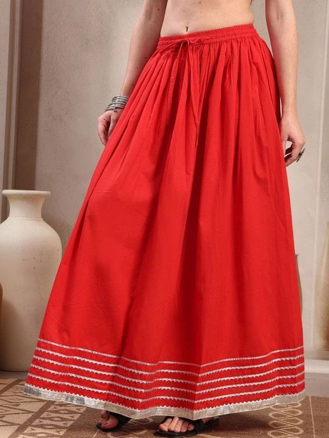 HERE&NOW Women Pure Cotton Blend Cotton Cambric Maxi Flared Skirt-picture-30