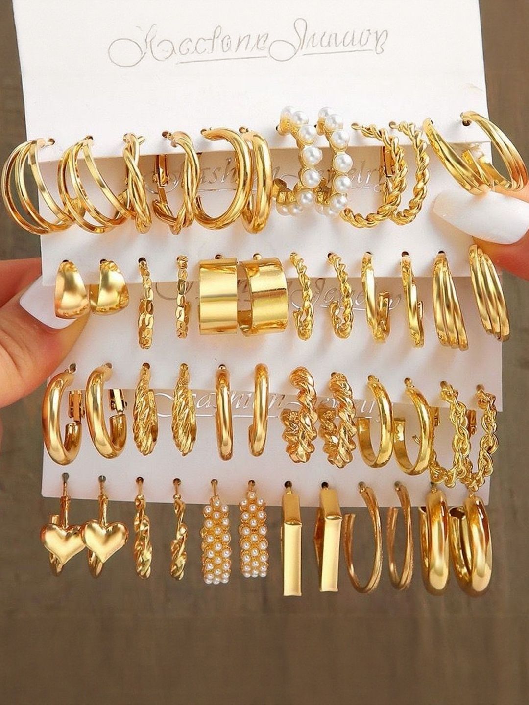 DressBerry Set Of 24 Gold-Plated Alloy Pearls Half Hoop Earrings