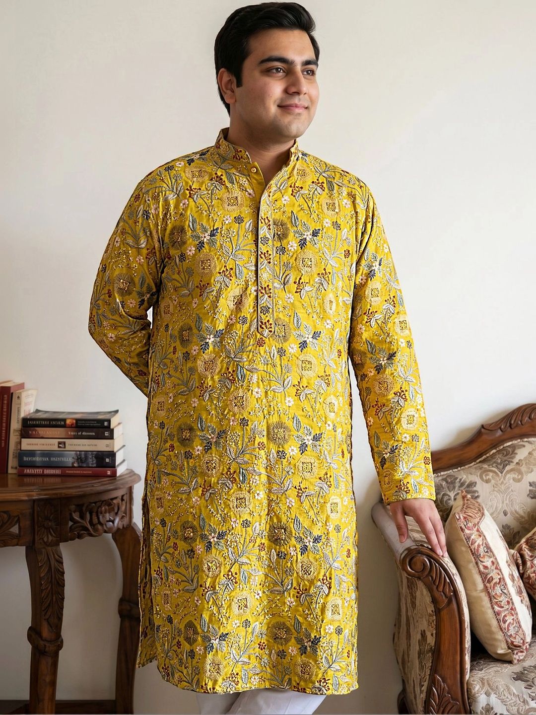Jompers Men Floral Embroidered Thread Work Indie Florals Kurta-picture-28