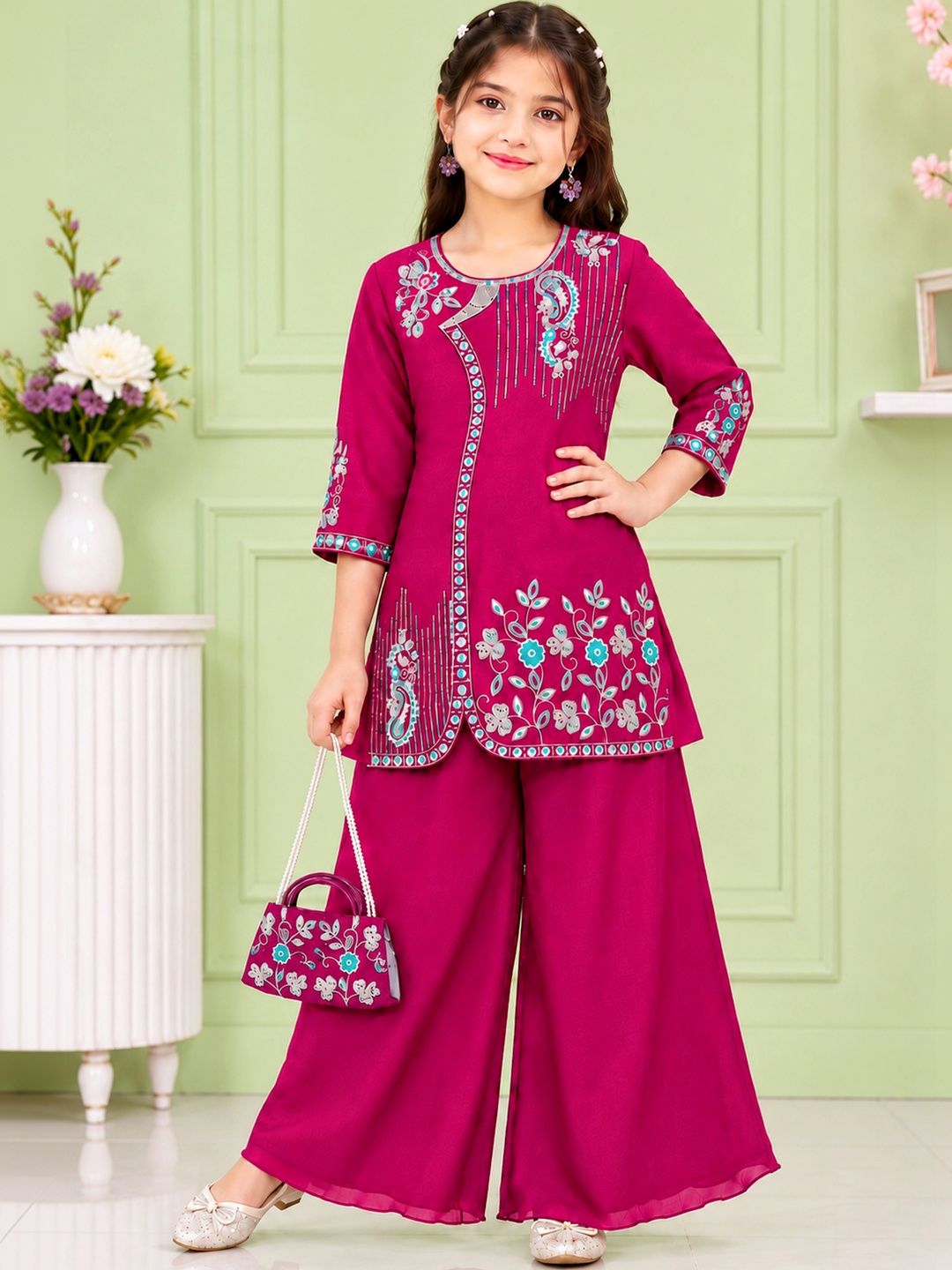 Jbegam Girls Floral Embroidered Angrakha Thread Work Chanderi Cotton Kurta with Palazzos-image-30