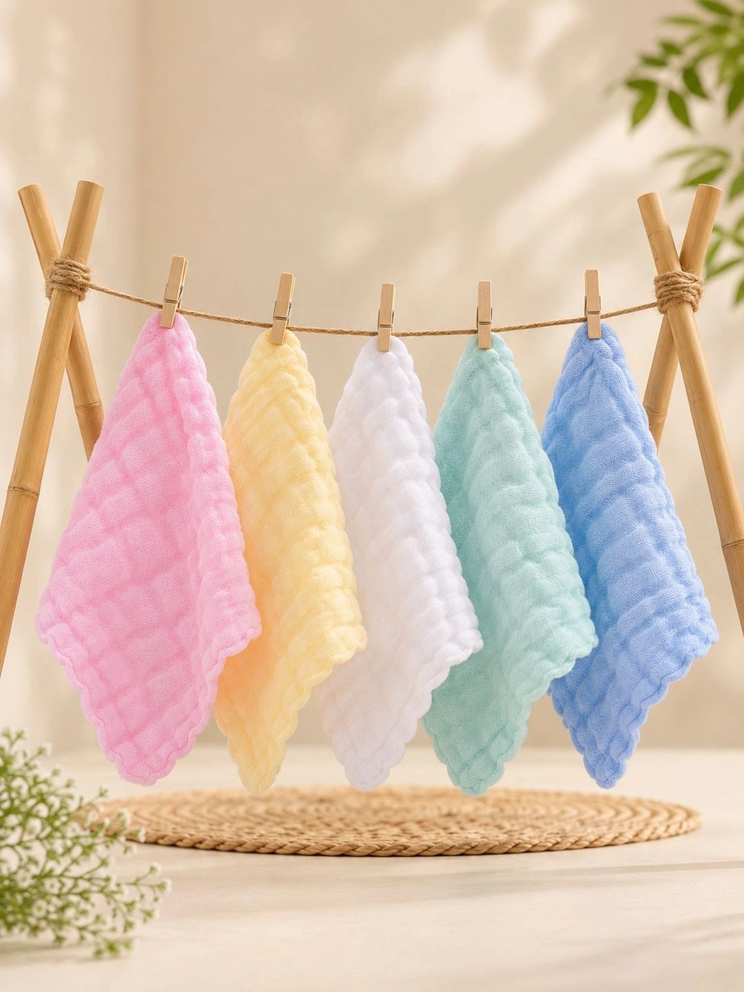 KIDNIP Kids 5Pcs White & Blue Pure Cotton 600 GSM Face Towels-image-24
