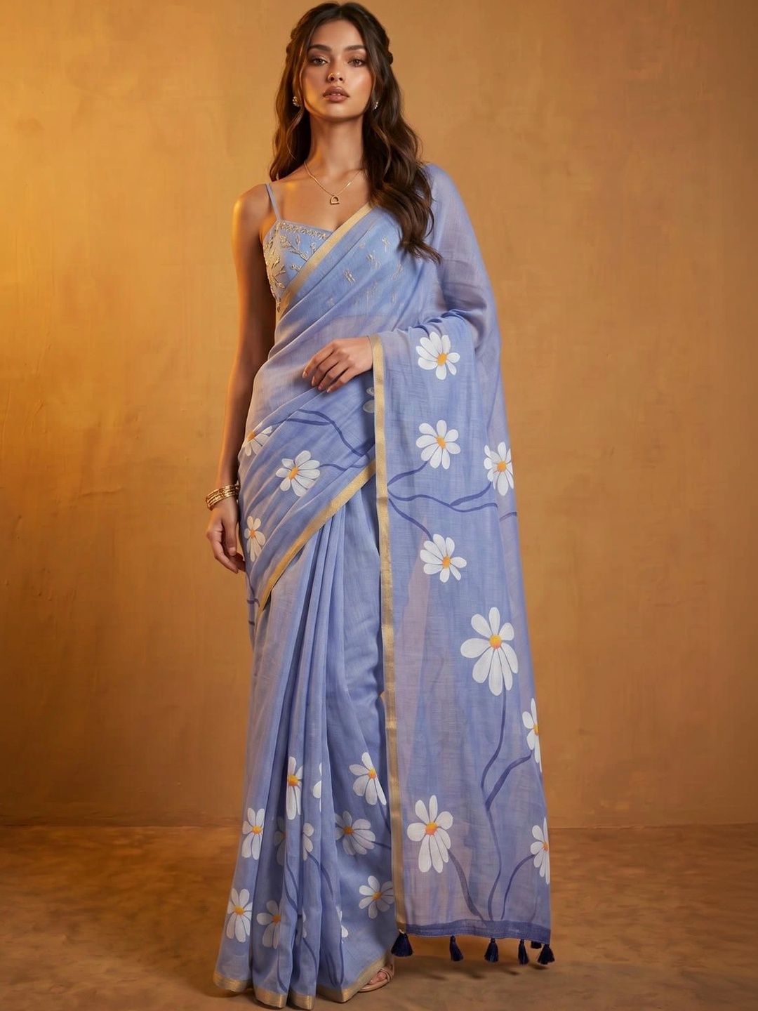 KINDA DESI Floral Linen Blend Saree-picture-45