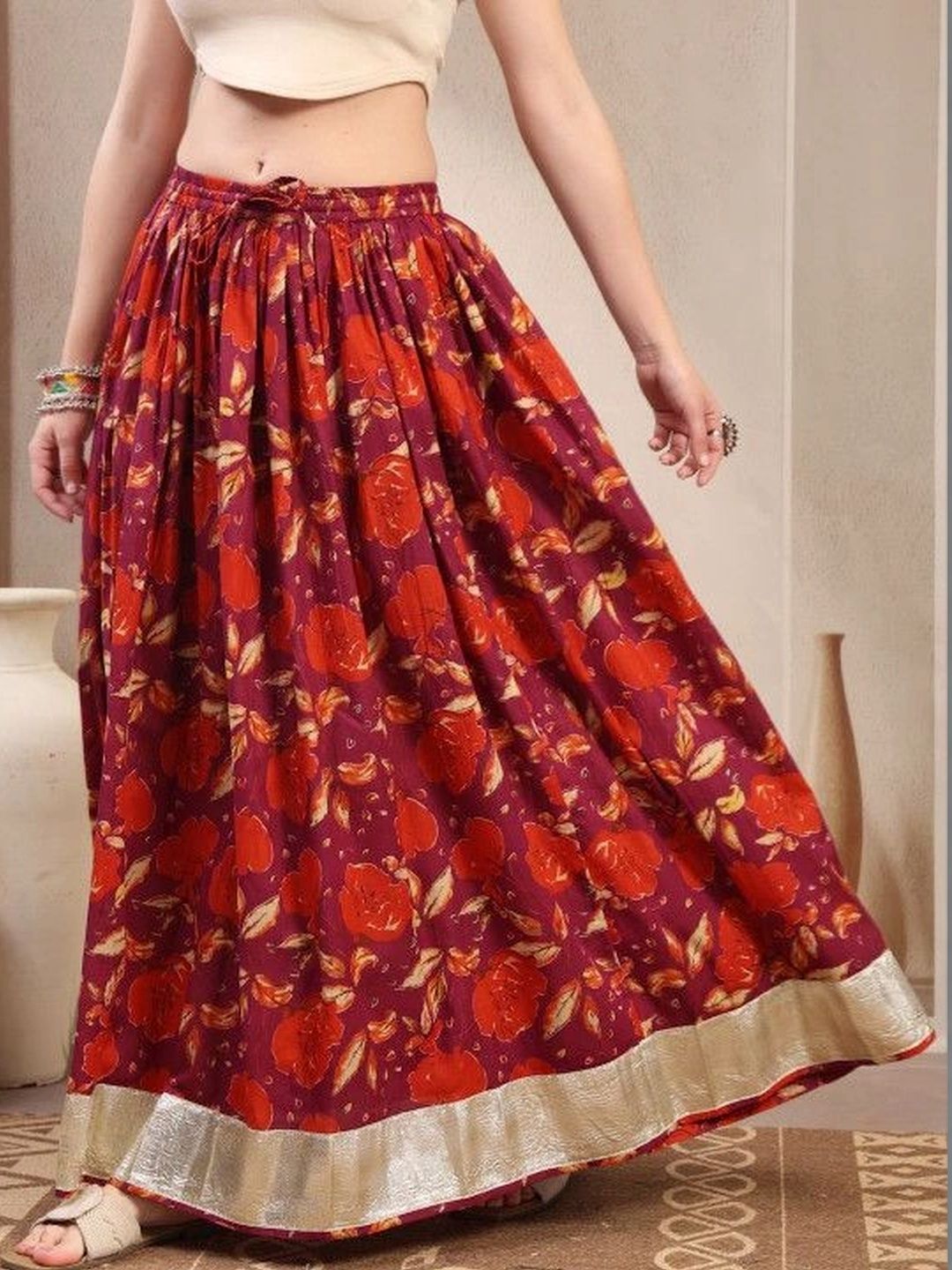 HERE&NOW Women Pure Cotton Blend Cotton Cambric Floral Maxi Flared Skirt-image-41