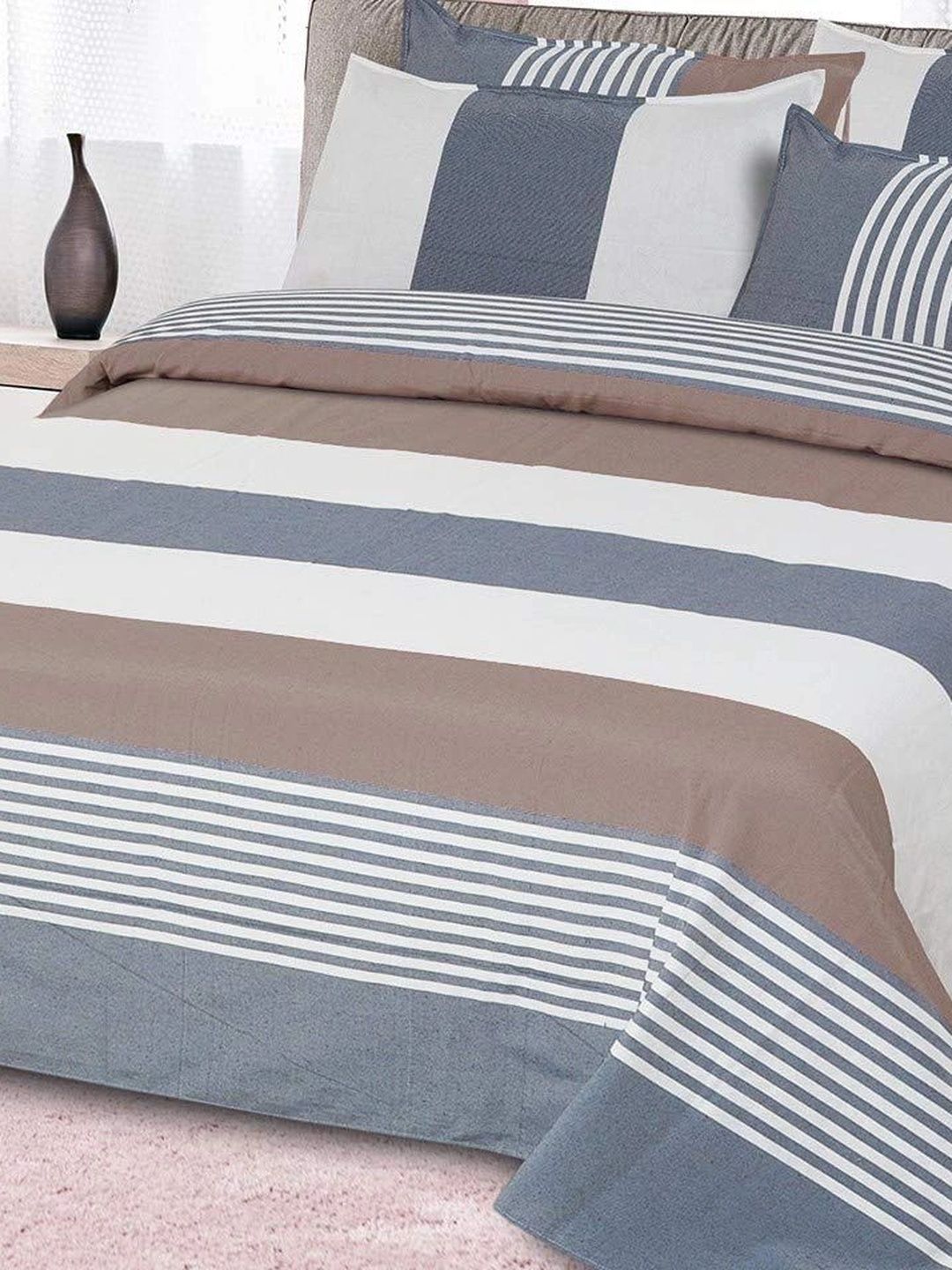 MULTITEX 3-Pcs Coffee Brown Striped Pure Cotton Double Bed - King Bed Covers-picture-6