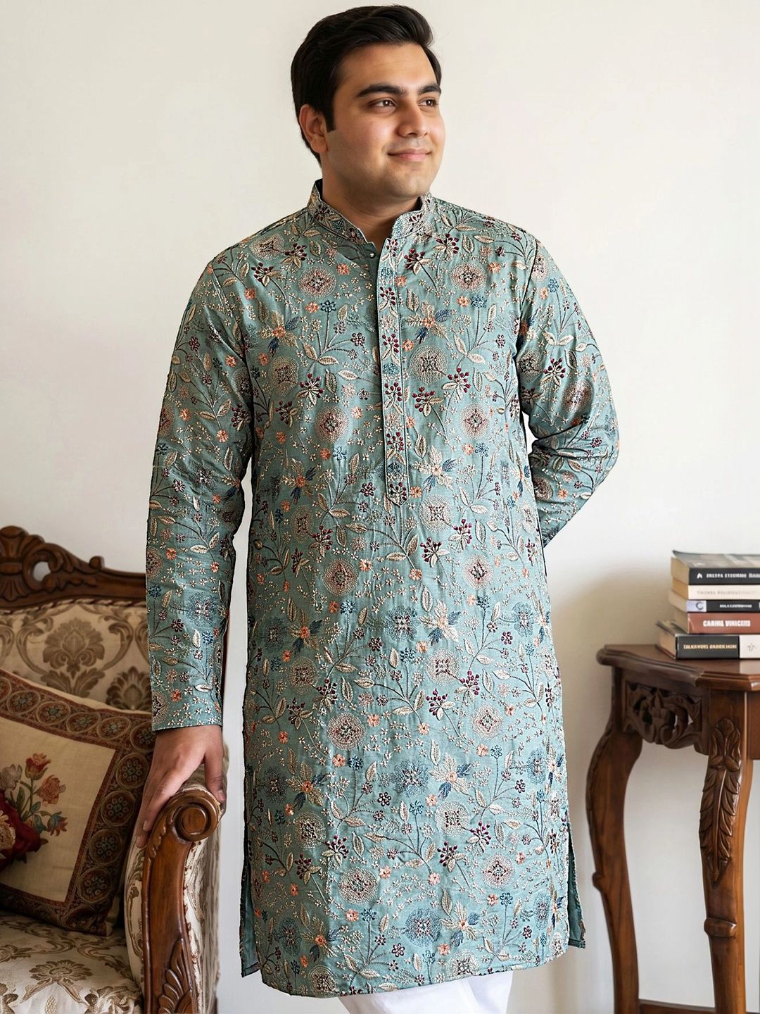 Jompers Men Floral Embroidered Thread Work Floral Kurta-picture-24