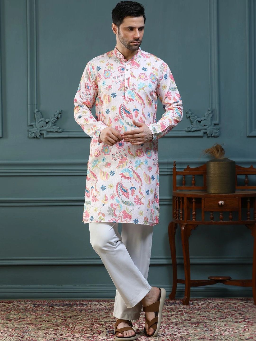 ALMORA Men Ethnic Motifs Printed Indie Florals Handloom Kurta-picture-36